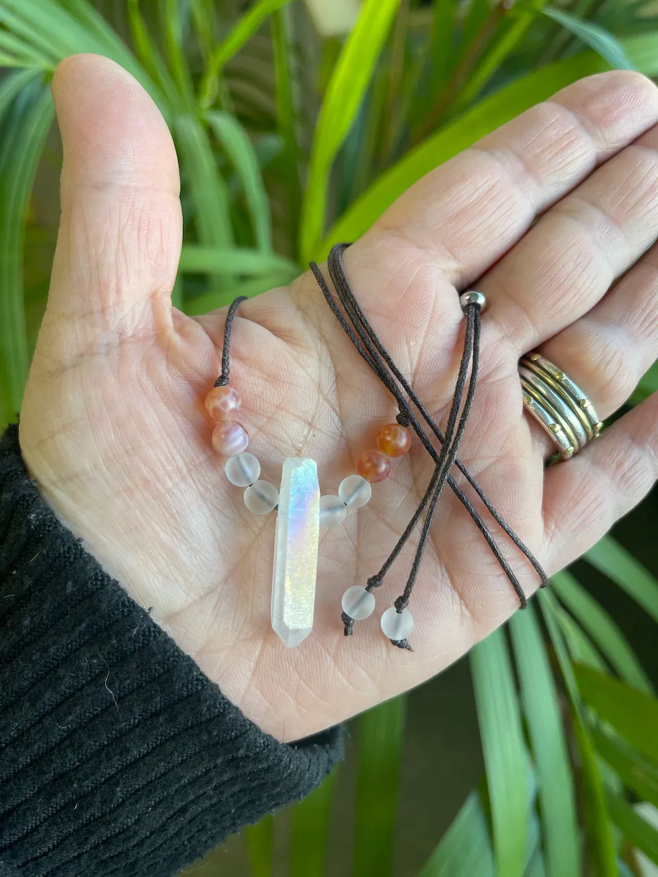 . Quartz Crystal Charm Necklace with Fire Agate and Frosted Quartz stone beads - birthday gift, gift for her