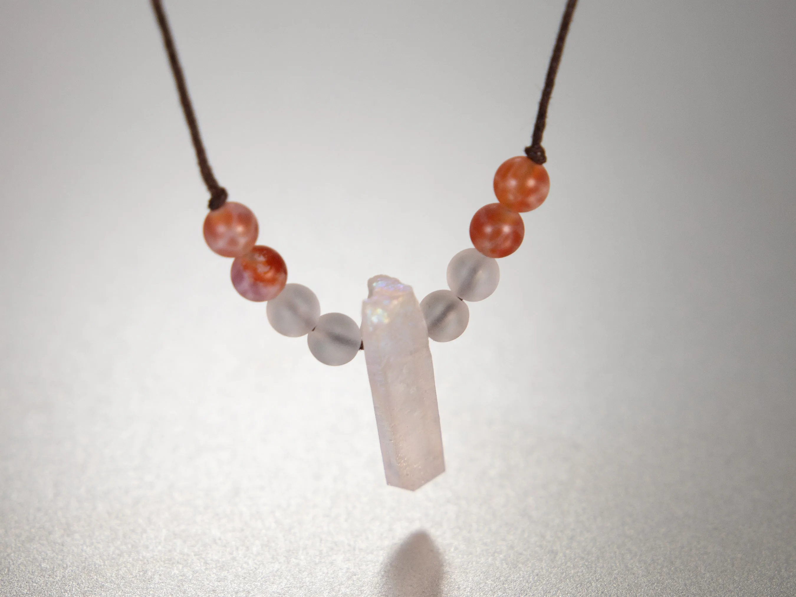 . Quartz Crystal Charm Necklace with Fire Agate and Frosted Quartz stone beads - birthday gift, gift for her