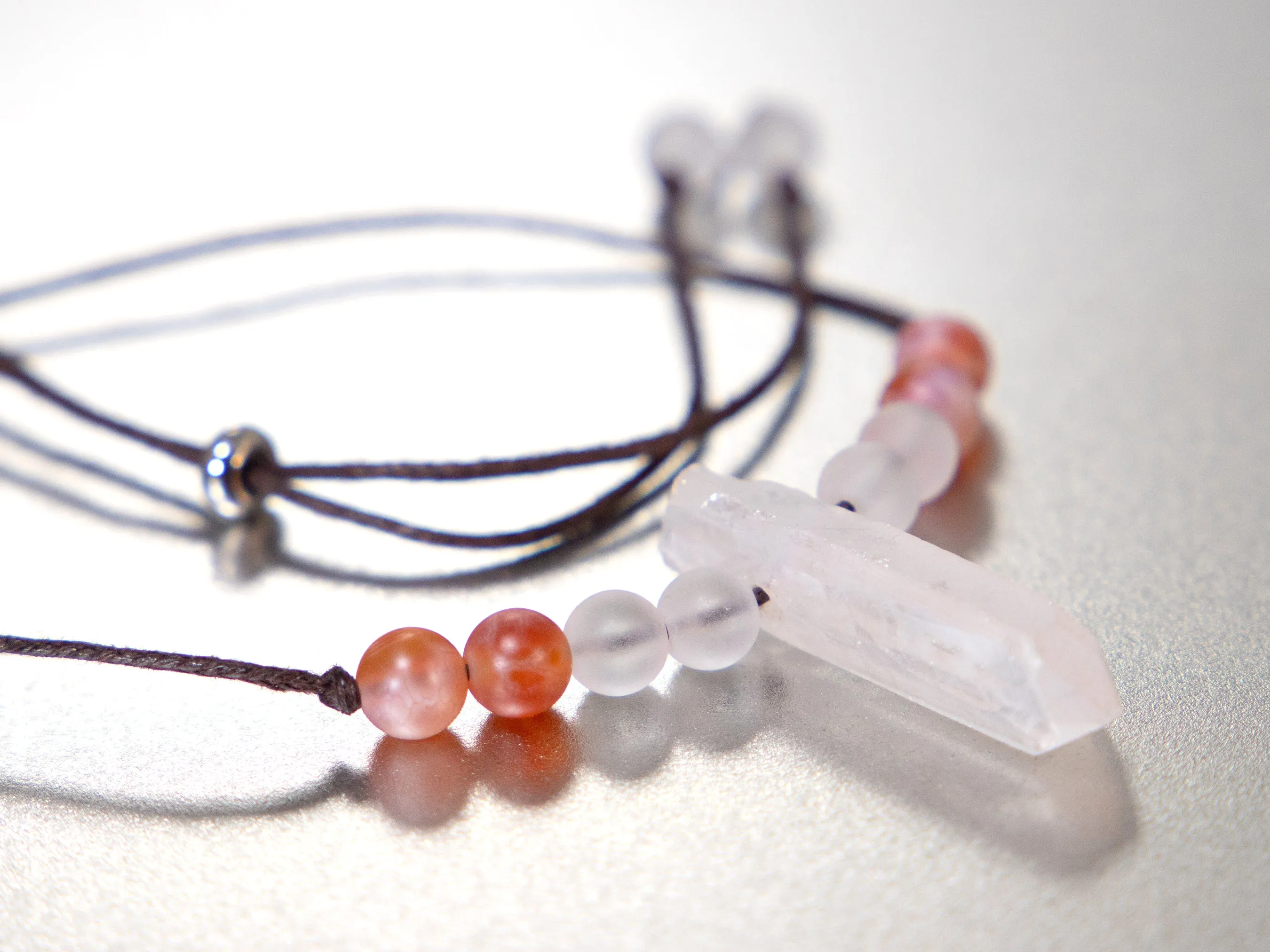 . Quartz Crystal Charm Necklace with Fire Agate and Frosted Quartz stone beads - birthday gift, gift for her