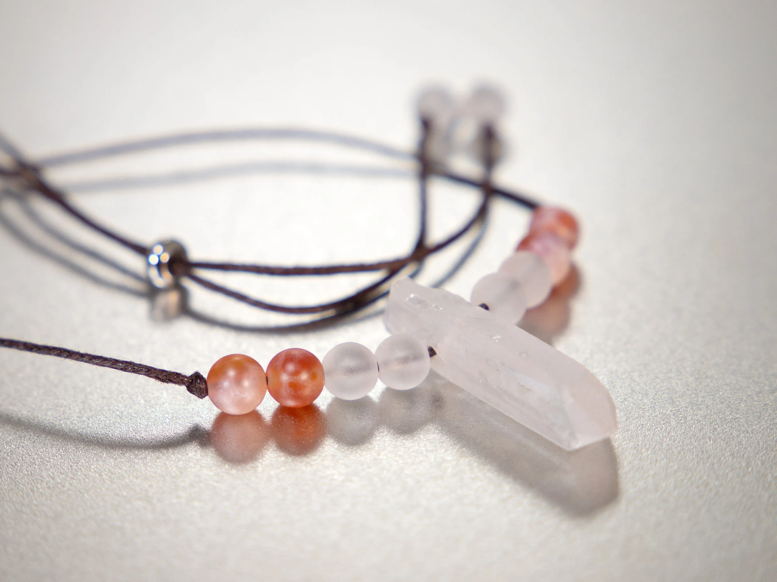 . Quartz Crystal Charm Necklace with Fire Agate and Frosted Quartz stone beads - birthday gift, gift for her