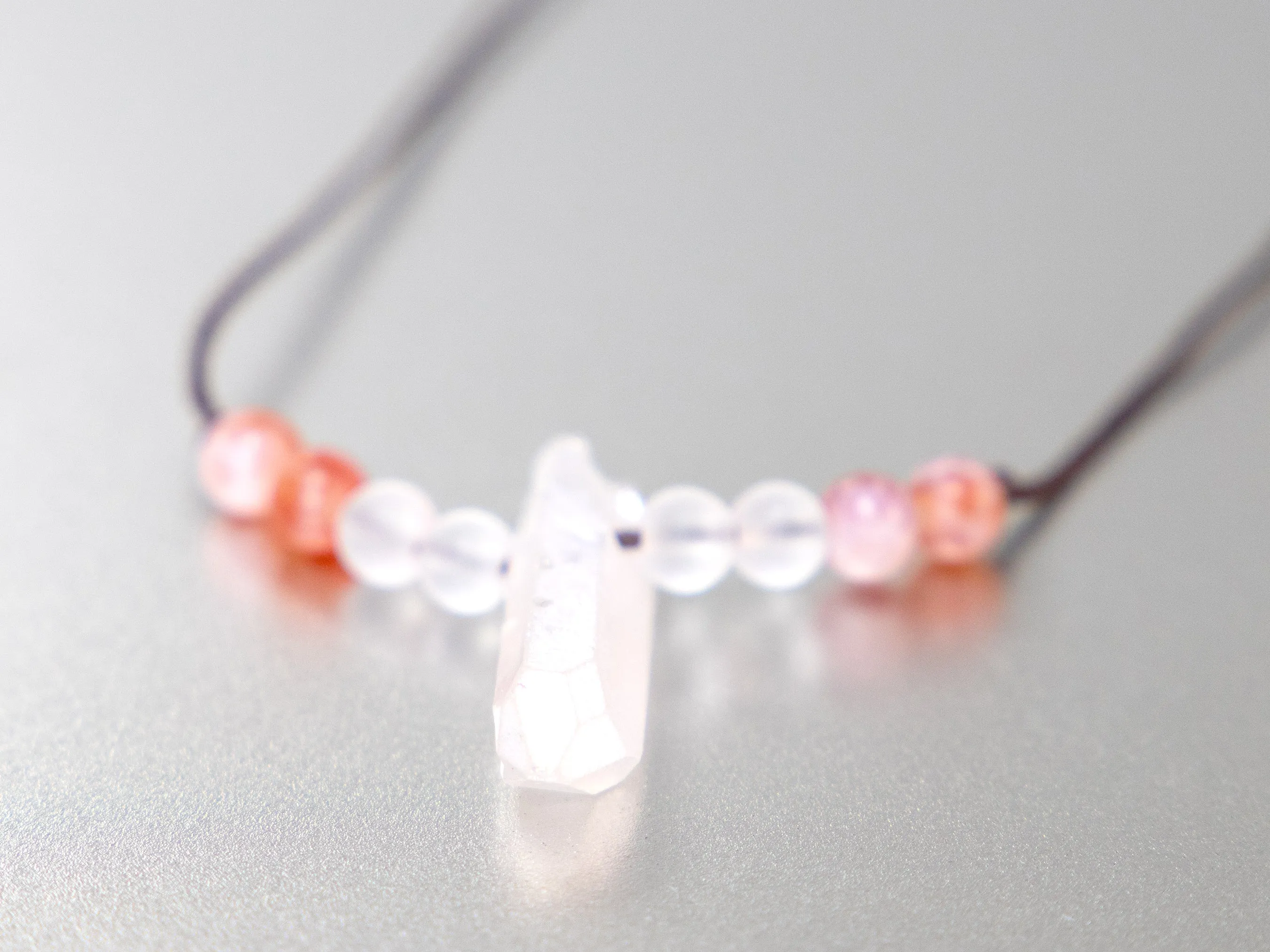. Quartz Crystal Charm Necklace with Fire Agate and Frosted Quartz stone beads - birthday gift, gift for her
