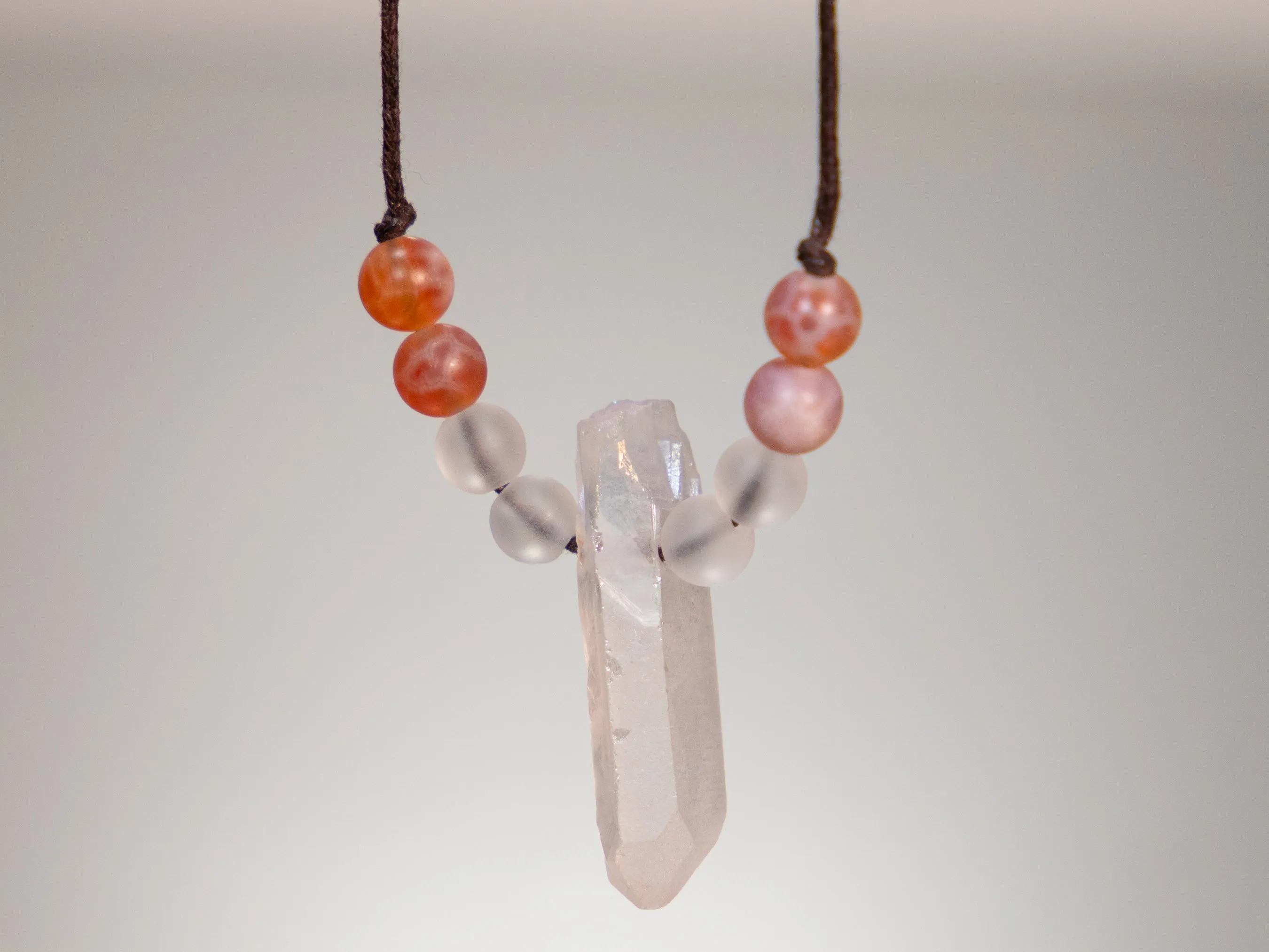 . Quartz Crystal Charm Necklace with Fire Agate and Frosted Quartz stone beads - birthday gift, gift for her