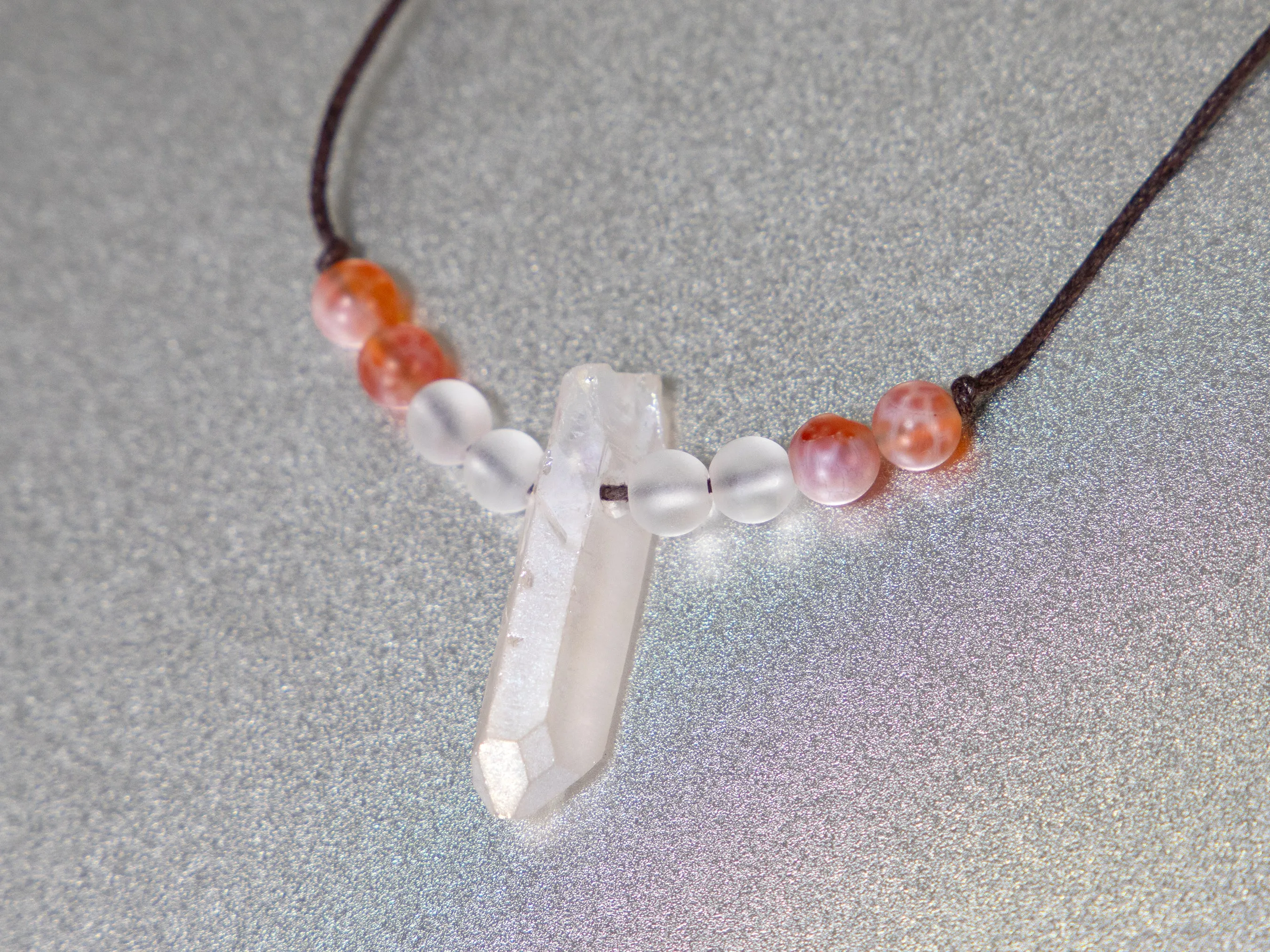 . Quartz Crystal Charm Necklace with Fire Agate and Frosted Quartz stone beads - birthday gift, gift for her