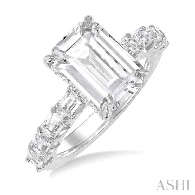 1 1/3 ctw Emerald Shape Emerald and Round Cut Diamond Semi Mount Engagement Ring in 14K White Gold