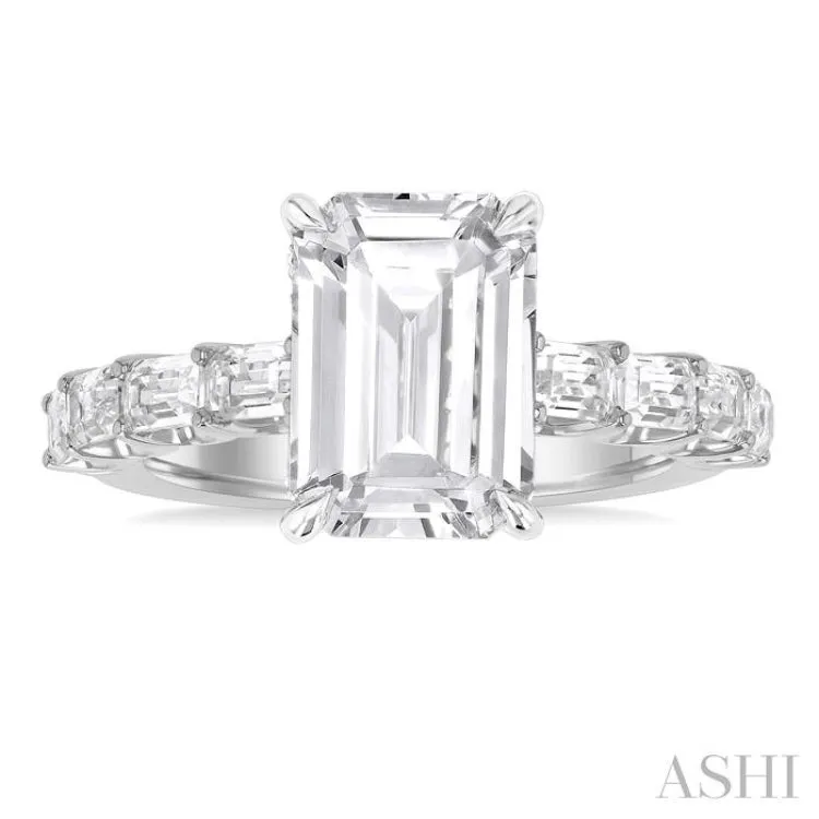 1 1/3 ctw Emerald Shape Emerald and Round Cut Diamond Semi Mount Engagement Ring in 14K White Gold