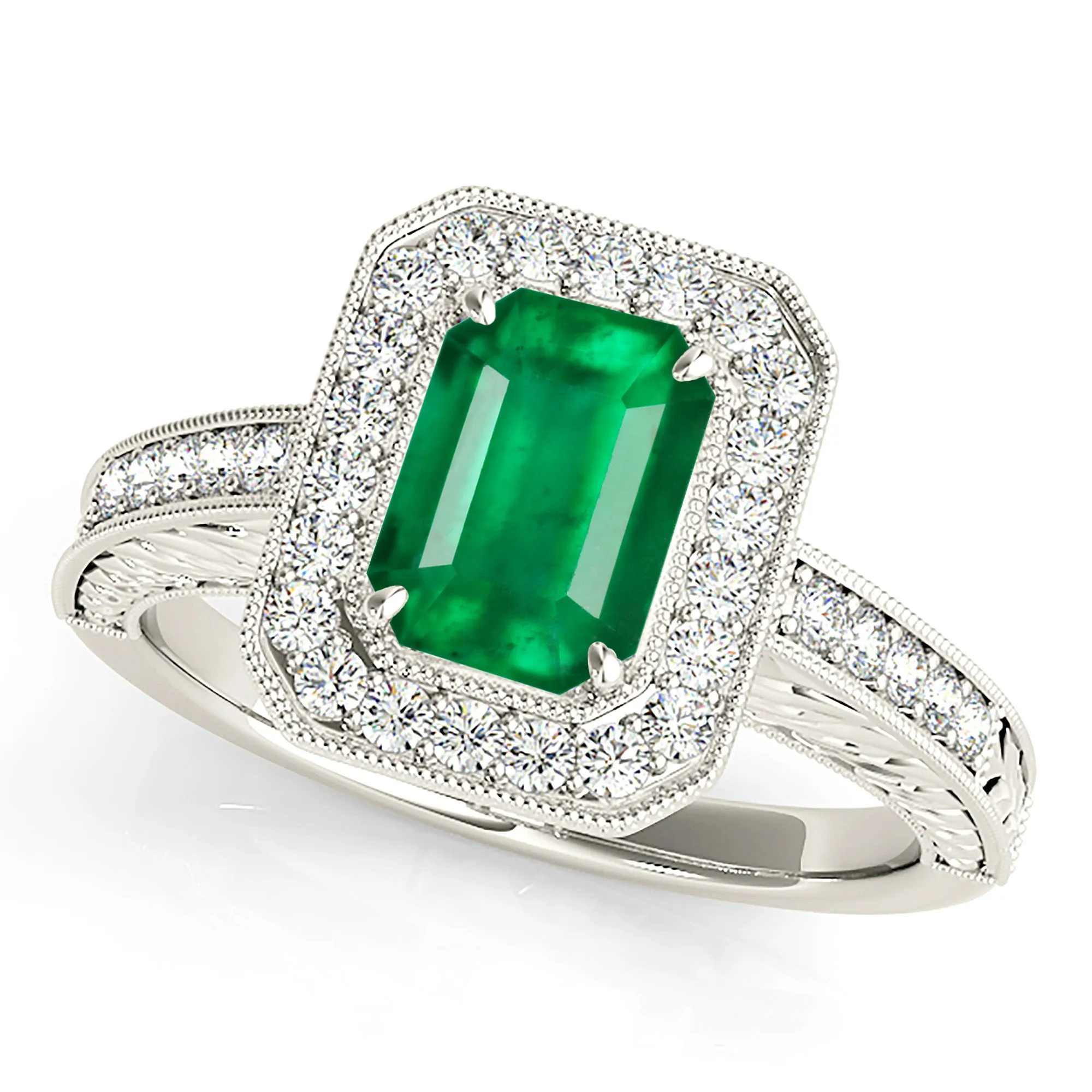 1.00 ct. Genuine Emerald Ring With Channel Set Diamond Halo