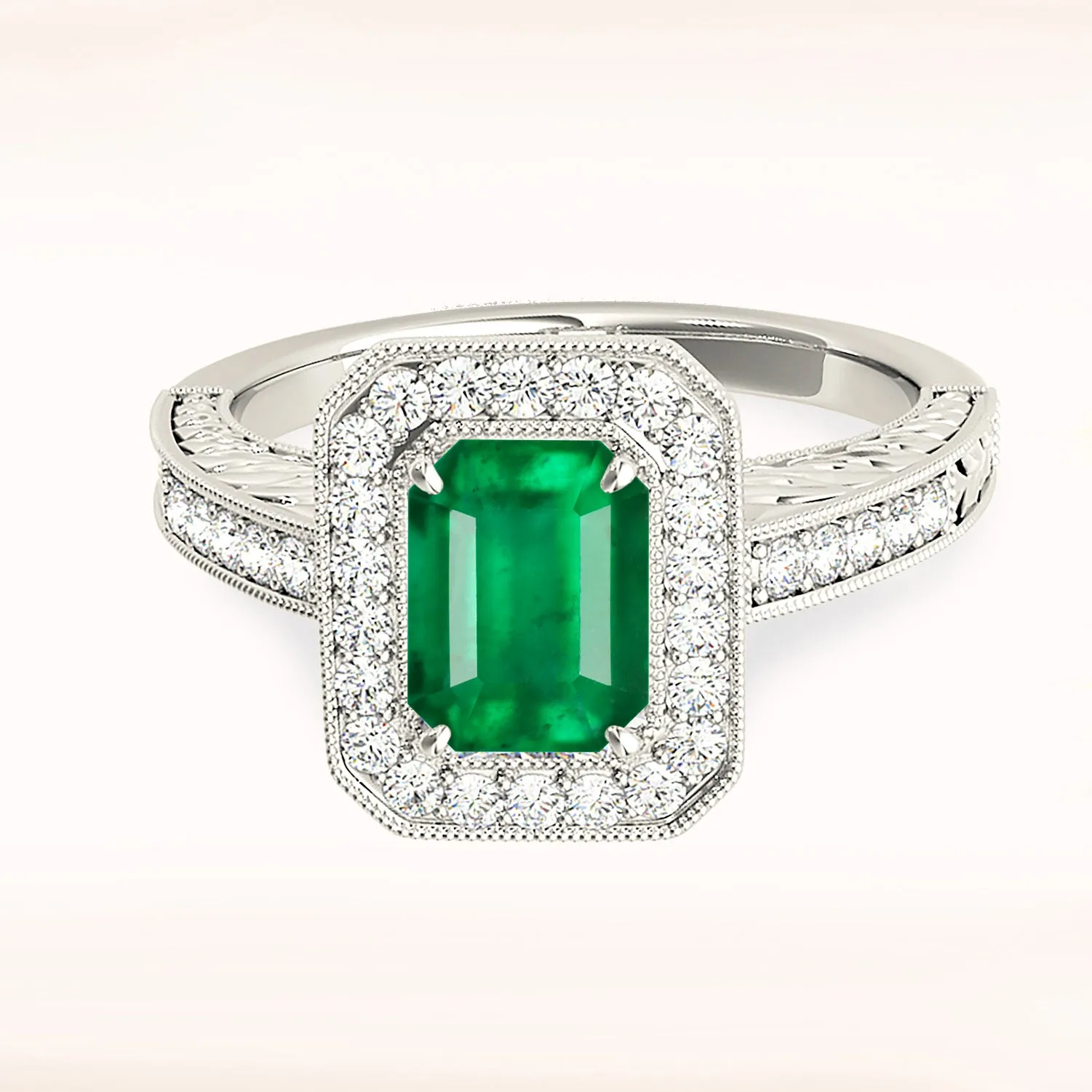 1.00 ct. Genuine Emerald Ring With Channel Set Diamond Halo
