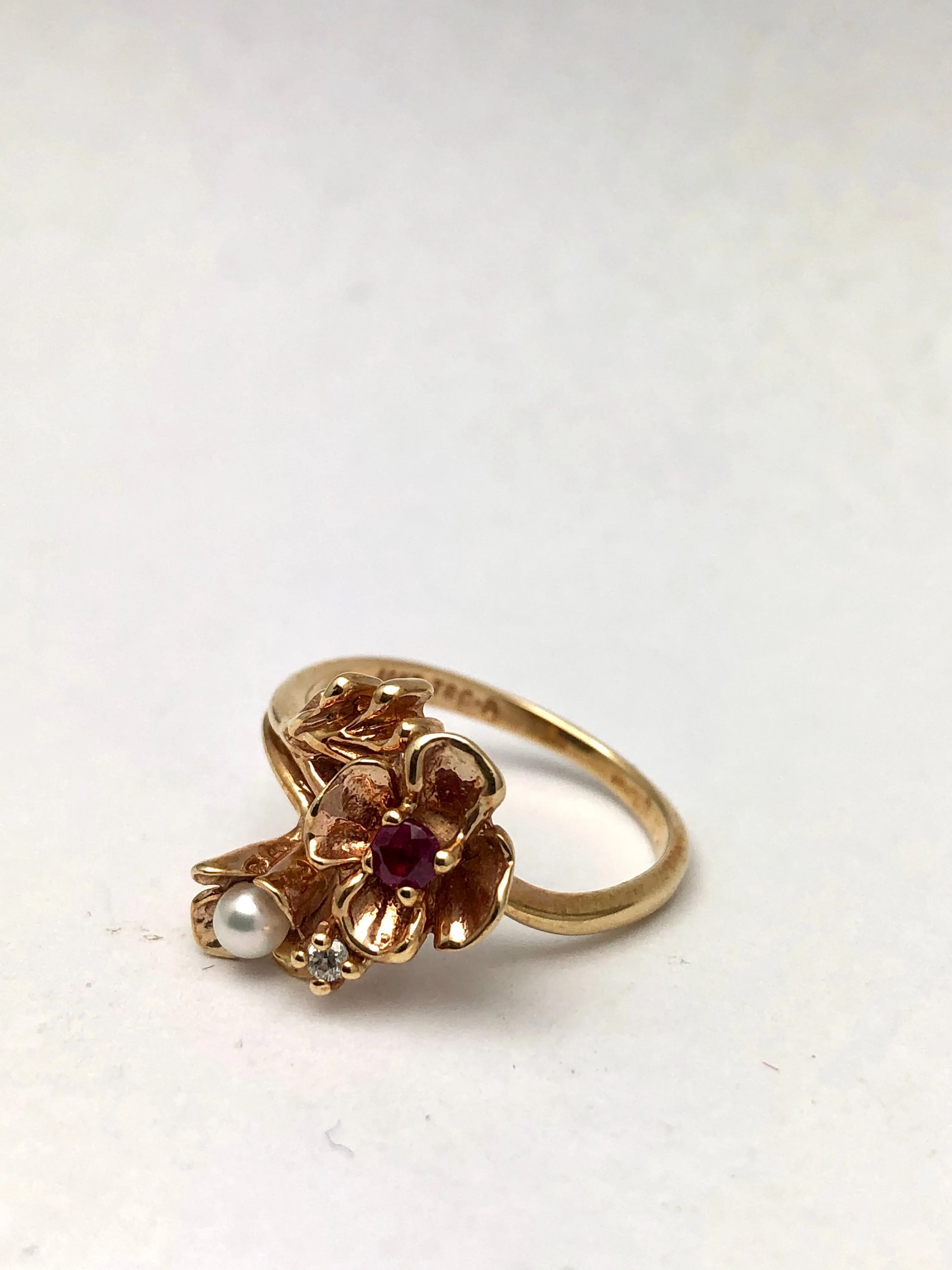10K Flower Rose Gold Ring Ruby Diamond Pearl