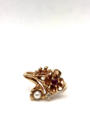 10K Flower Rose Gold Ring Ruby Diamond Pearl