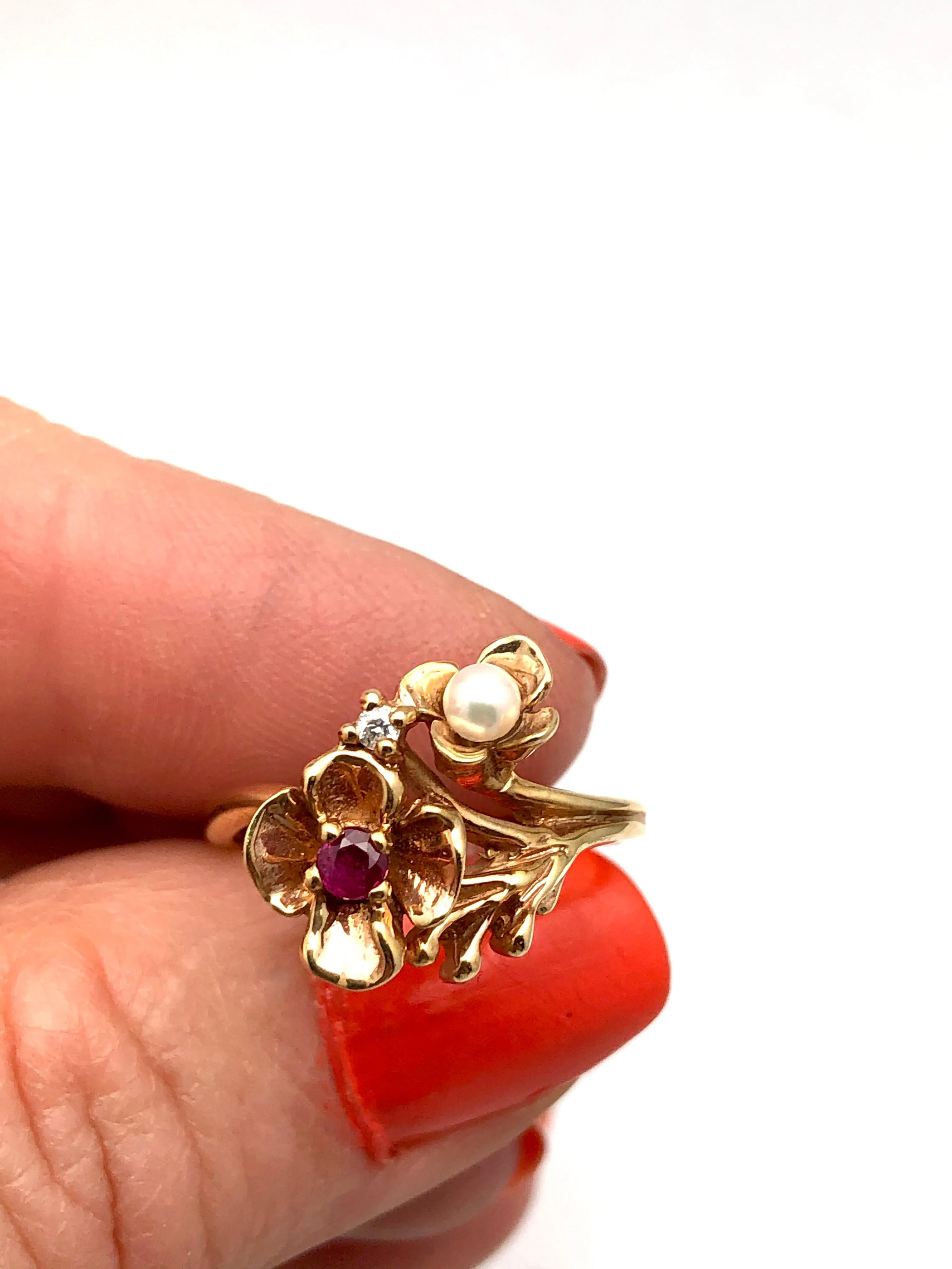 10K Flower Rose Gold Ring Ruby Diamond Pearl