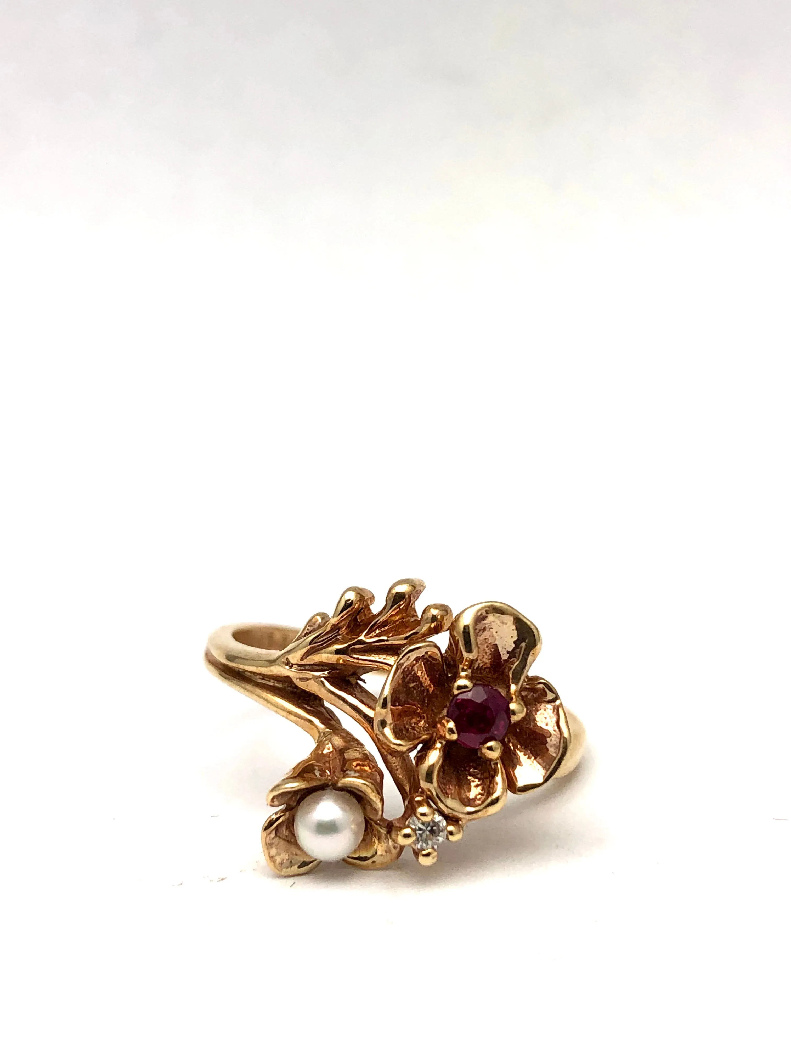 10K Flower Rose Gold Ring Ruby Diamond Pearl