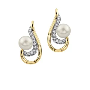 10K Yellow Gold Pearl and Diamond Stud Earrings