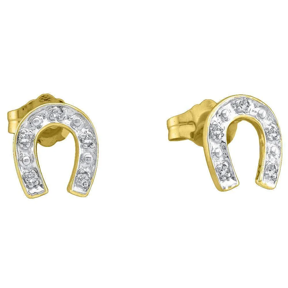 10K Yellow Two-tone Gold Round Diamond Horseshoe Stud Earrings 1/20 Cttw