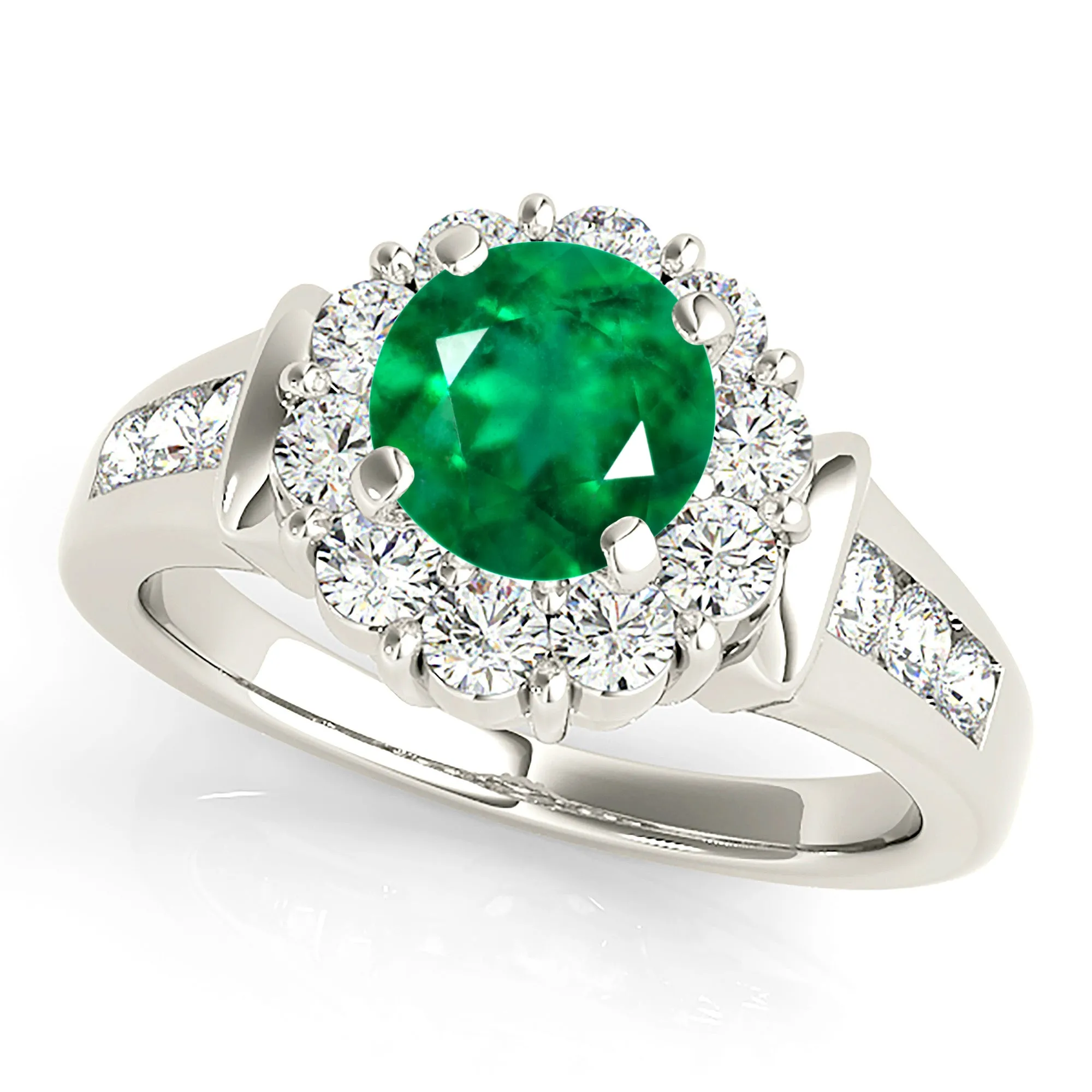 1.15 ct. Genuine Emerald Ring With Floral Halo, Solid Diamond Band