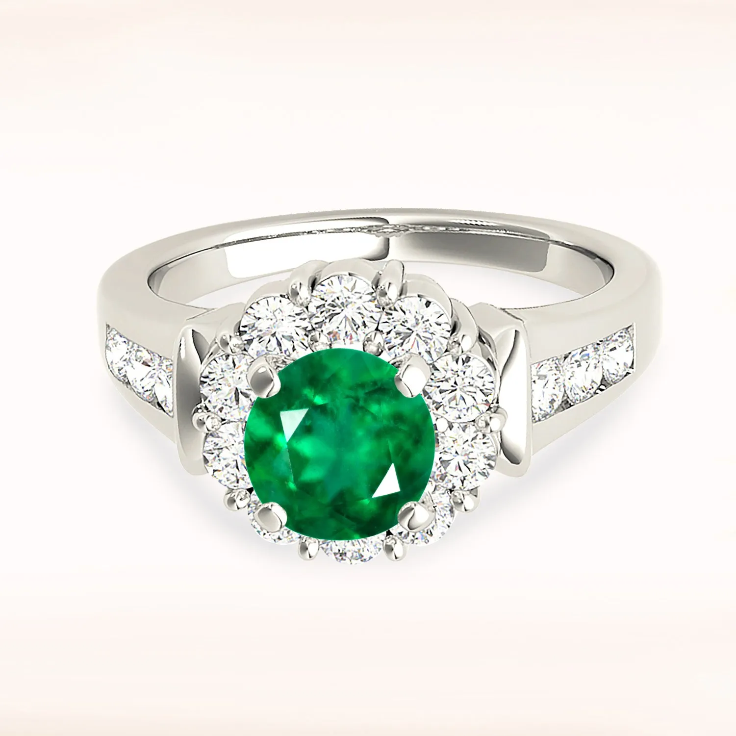 1.15 ct. Genuine Emerald Ring With Floral Halo, Solid Diamond Band