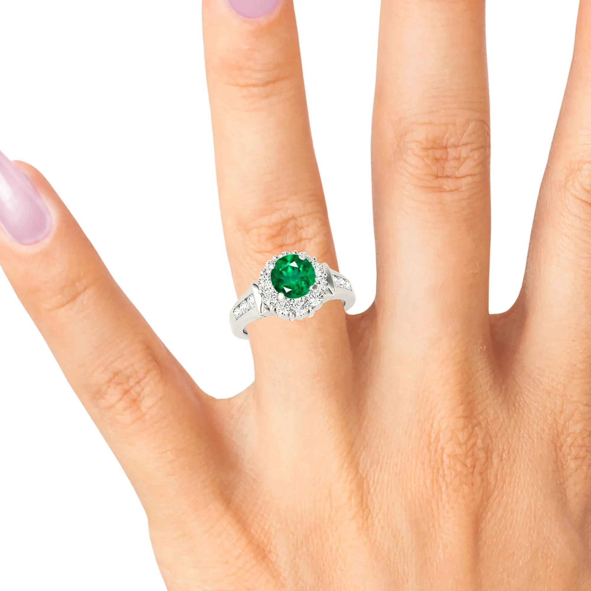1.15 ct. Genuine Emerald Ring With Floral Halo, Solid Diamond Band
