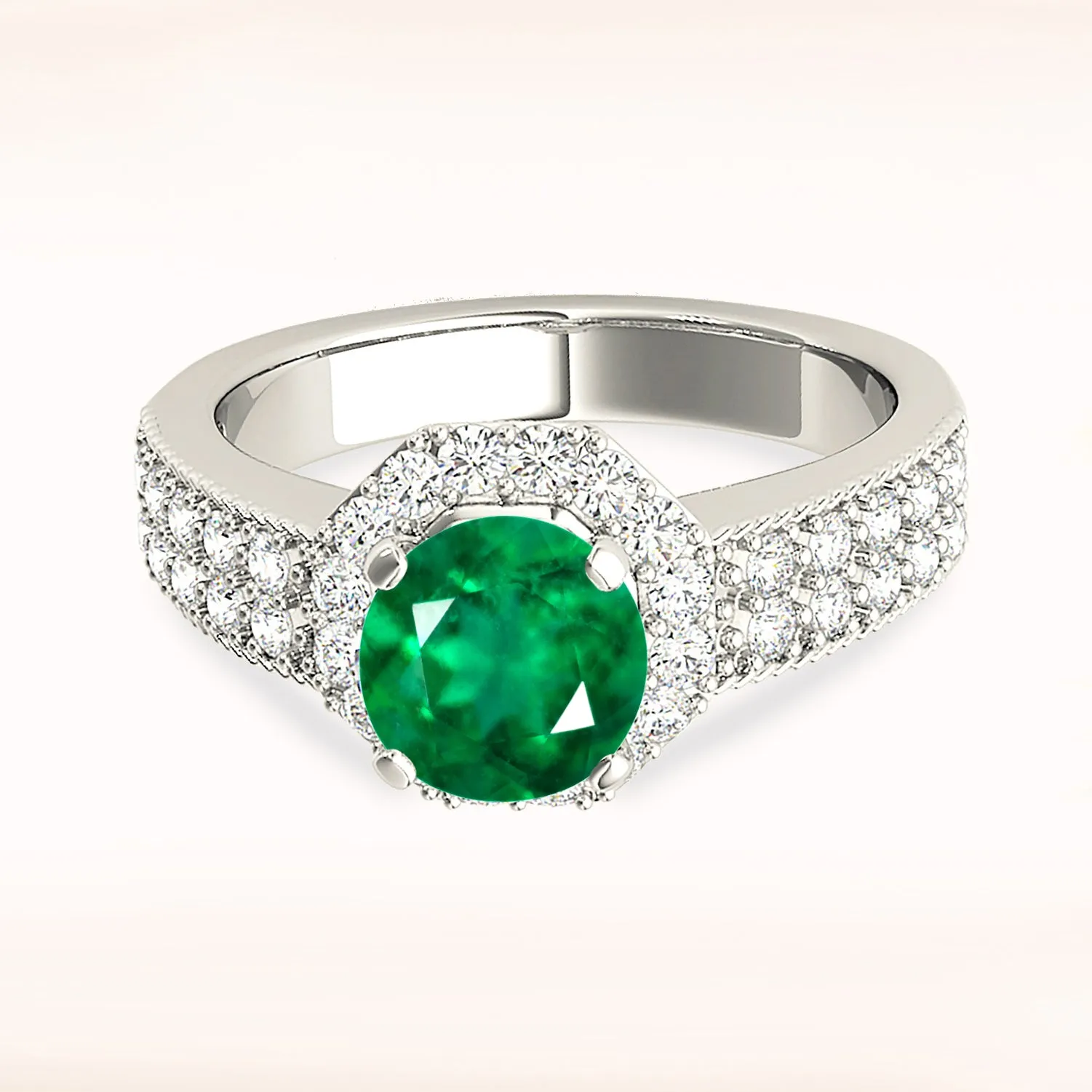 1.15 ct. Genuine Emerald Ring With Halo ,Double Row Diamond Band