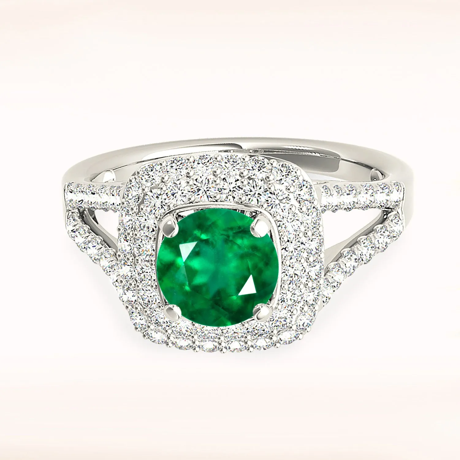 1.15 ct. Genuine Emerald Ring With Halo,Wide Split Diamond Band