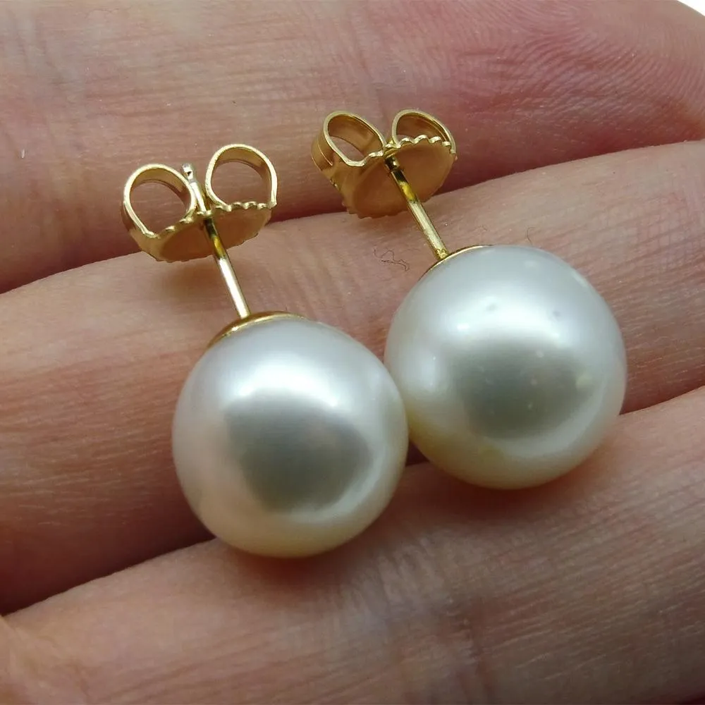 12mm White South Sea Pearl Earrings in 14k Yellow Gold
