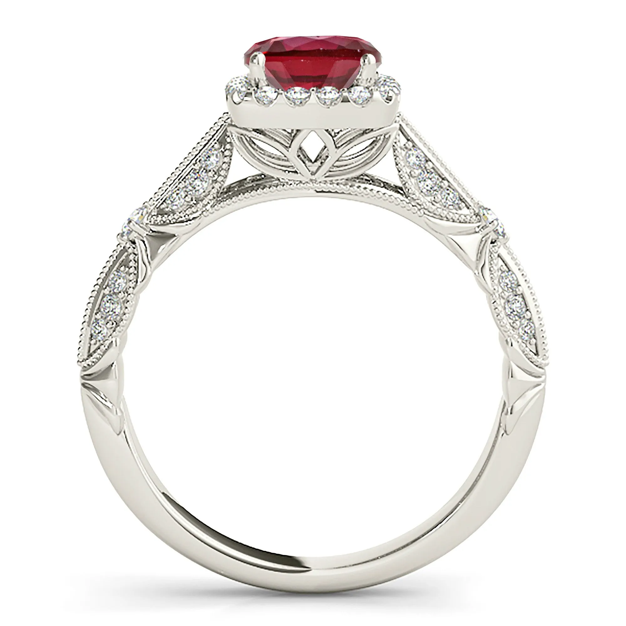1.35 ct. Genuine Round Ruby With Square Halo, Milgrain Floral Diamond Band