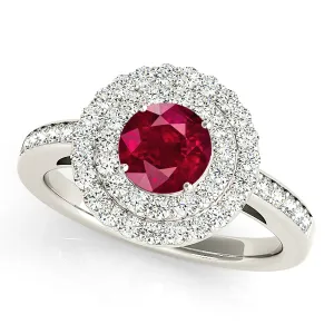 1.35 ct. Genuine Ruby Ring With Double Row Halo And Delicate Diamond Band
