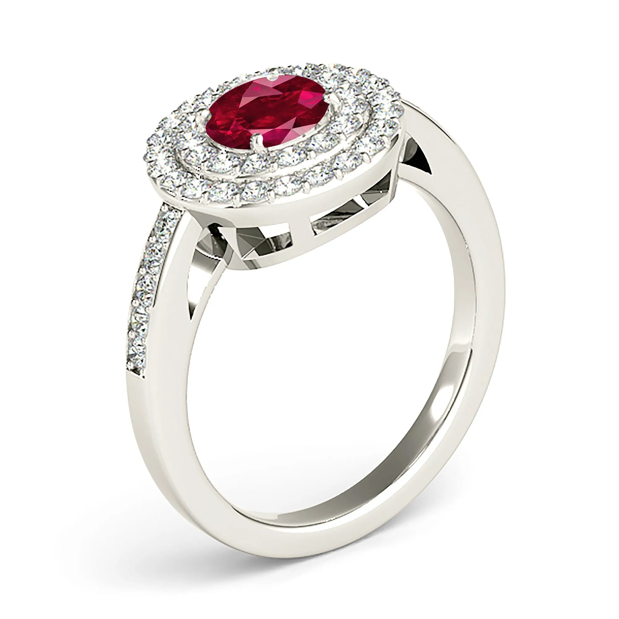1.35 ct. Genuine Ruby Ring With Double Row Halo And Delicate Diamond Band