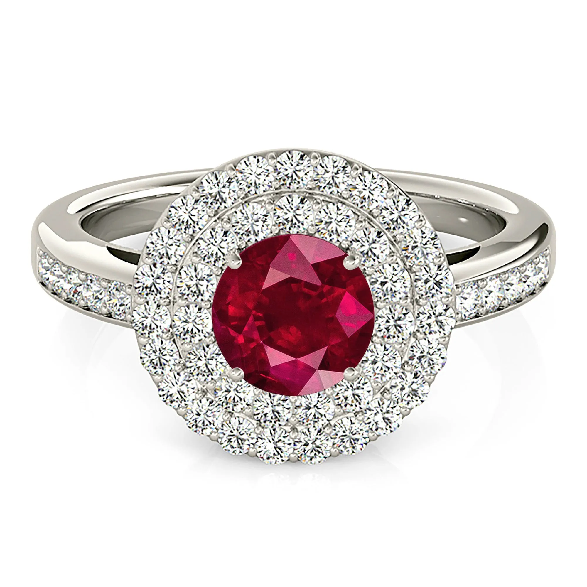 1.35 ct. Genuine Ruby Ring With Double Row Halo And Delicate Diamond Band