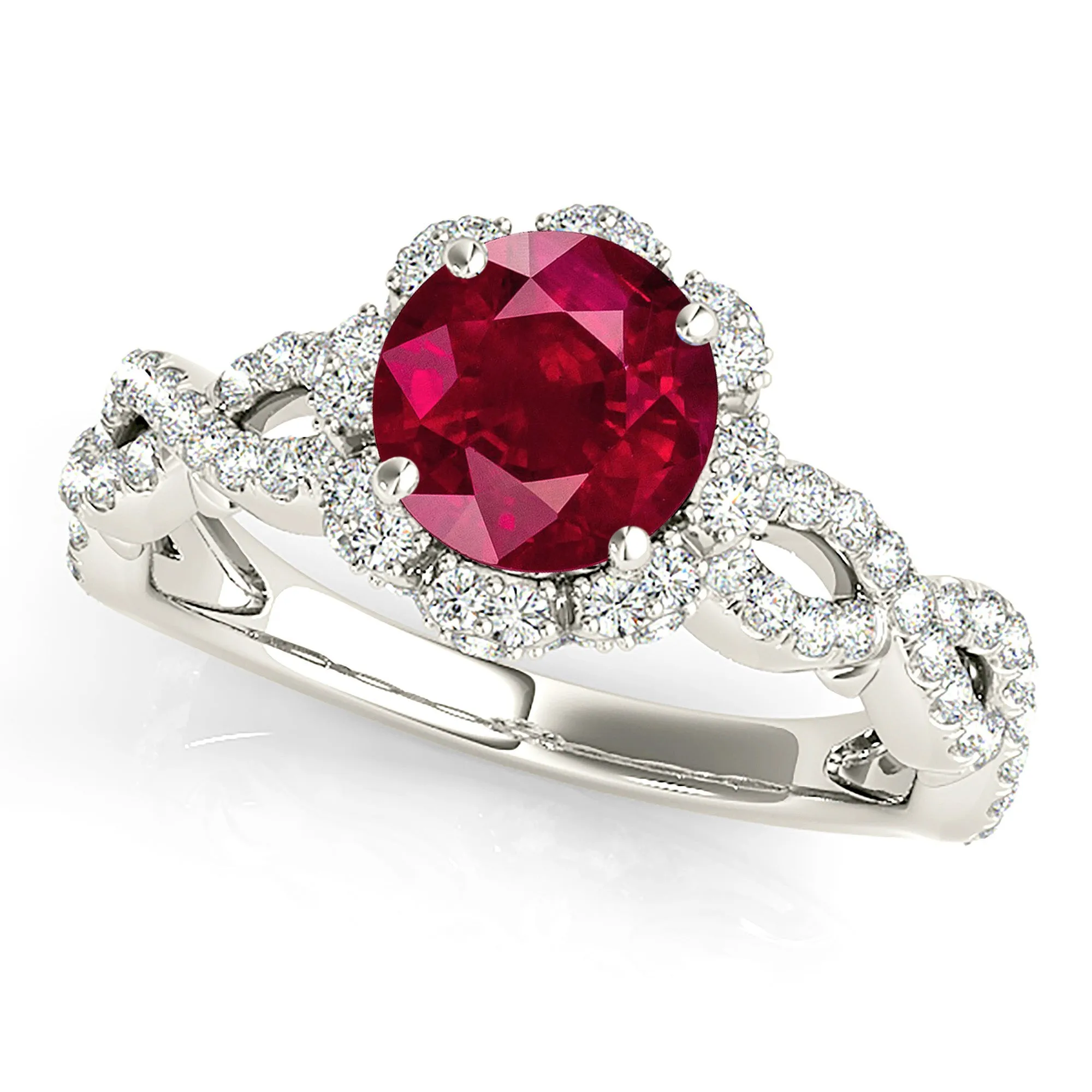 1.35 ct. Genuine Ruby Ring With Floral Halo And Open Braid Diamond Band