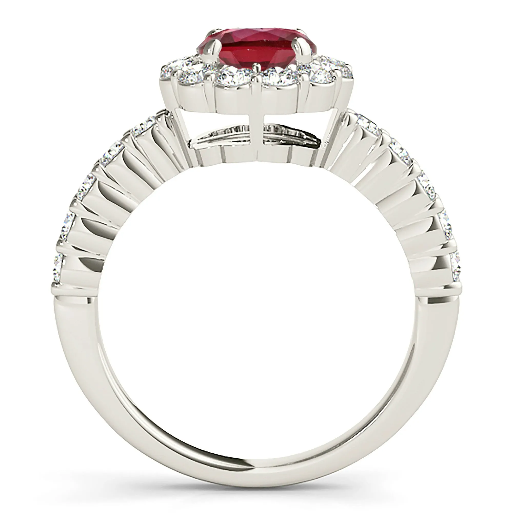 1.35 ct. Genuine Ruby Ring With Floral Halo And Scalloped Diamond band