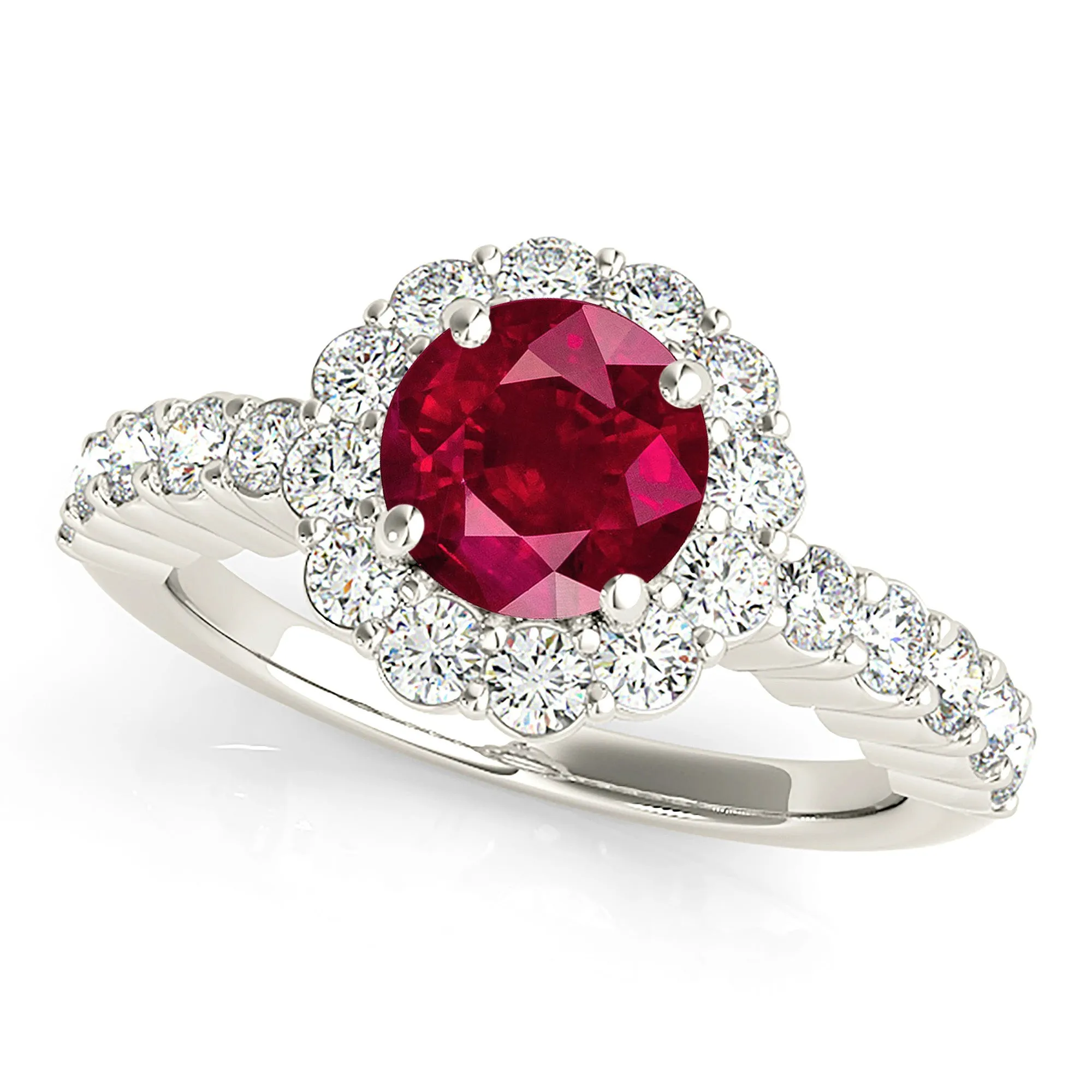 1.35 ct. Genuine Ruby Ring With Floral Halo And Scalloped Diamond band