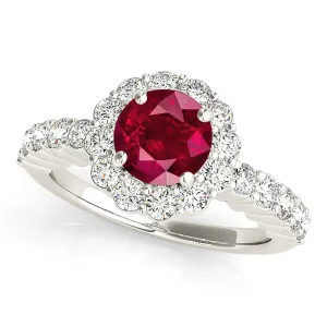 1.35 ct. Genuine Ruby Ring With Floral Halo And Scalloped Diamond band