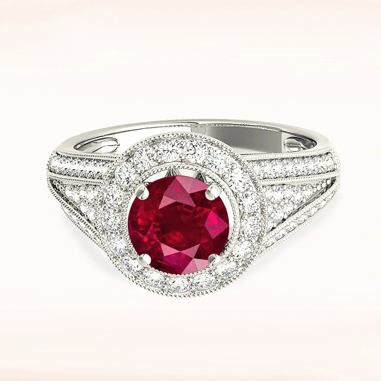 1.35 ct. Genuine Ruby Ring With Milgrain Halo With Graduating Diamond Band