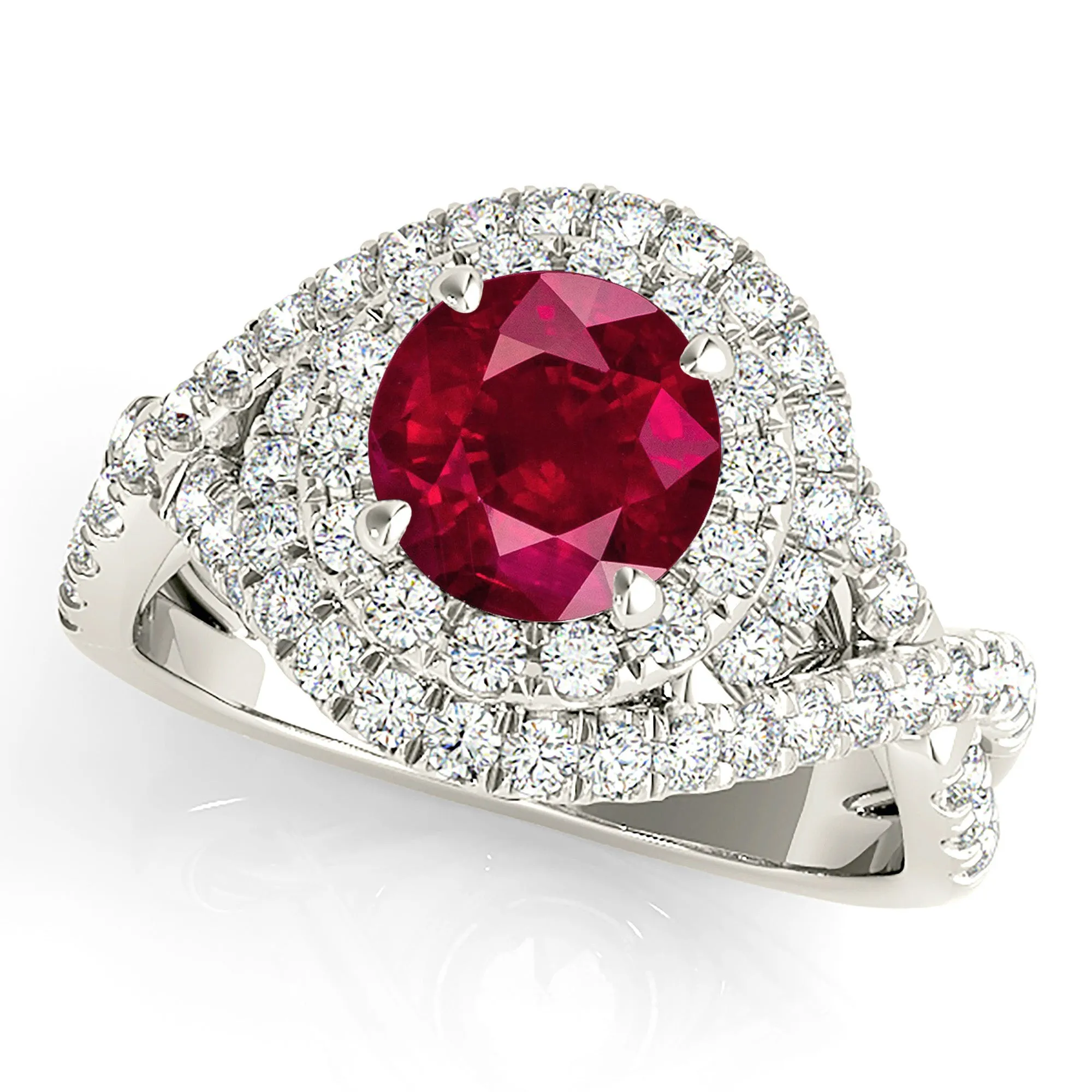 1.35 ct. Genuine Ruby Ring With Wrap Around  Halo And Twist Diamond Band