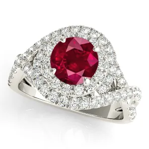 1.35 ct. Genuine Ruby Ring With Wrap Around  Halo And Twist Diamond Band