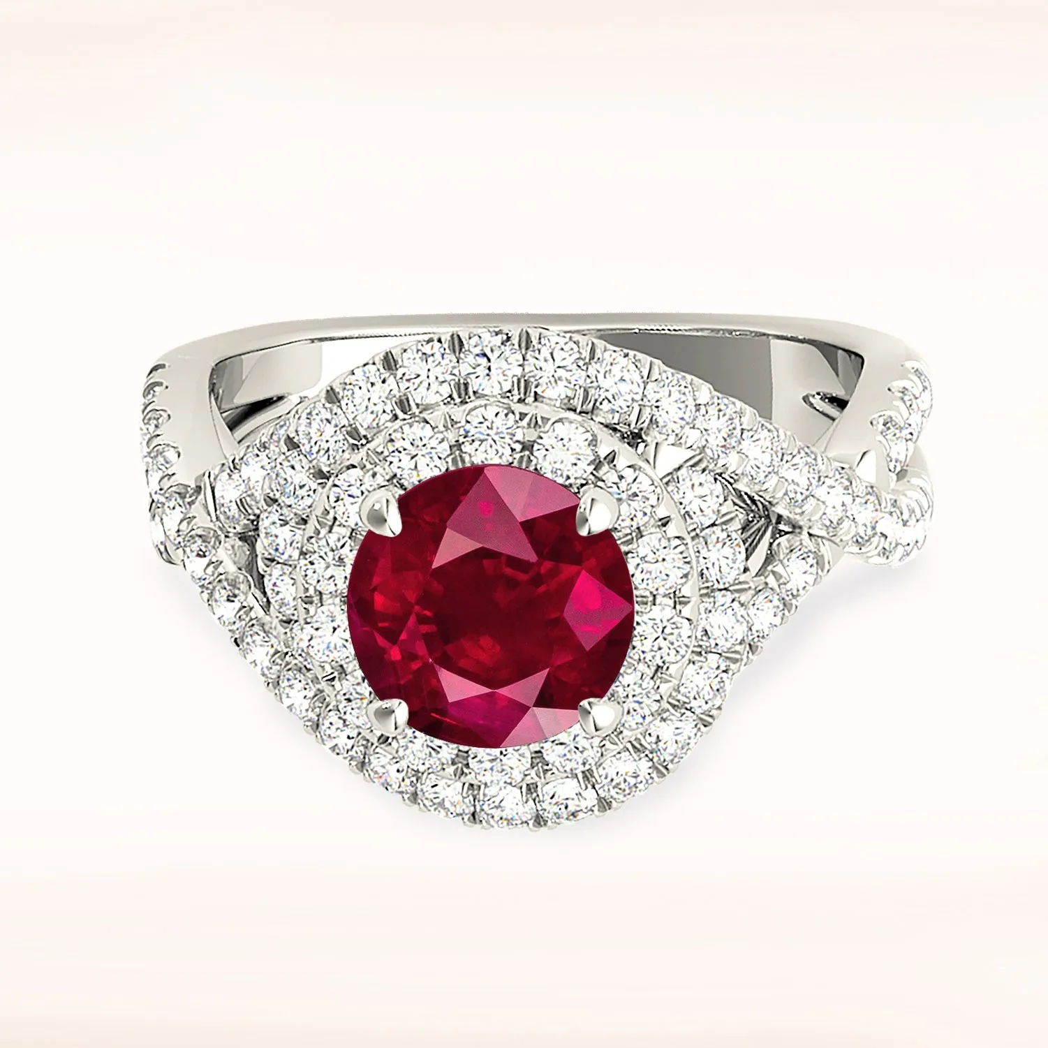 1.35 ct. Genuine Ruby Ring With Wrap Around  Halo And Twist Diamond Band