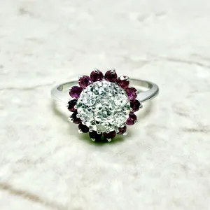 14 Karat White Gold Diamond & Ruby Halo Ring