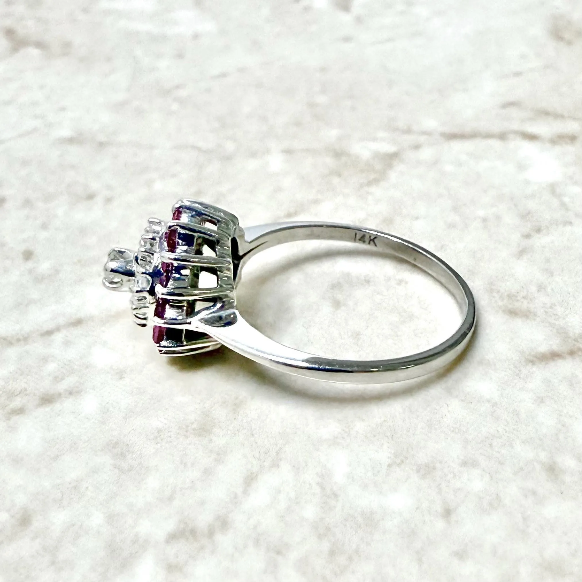 14 Karat White Gold Diamond & Ruby Halo Ring