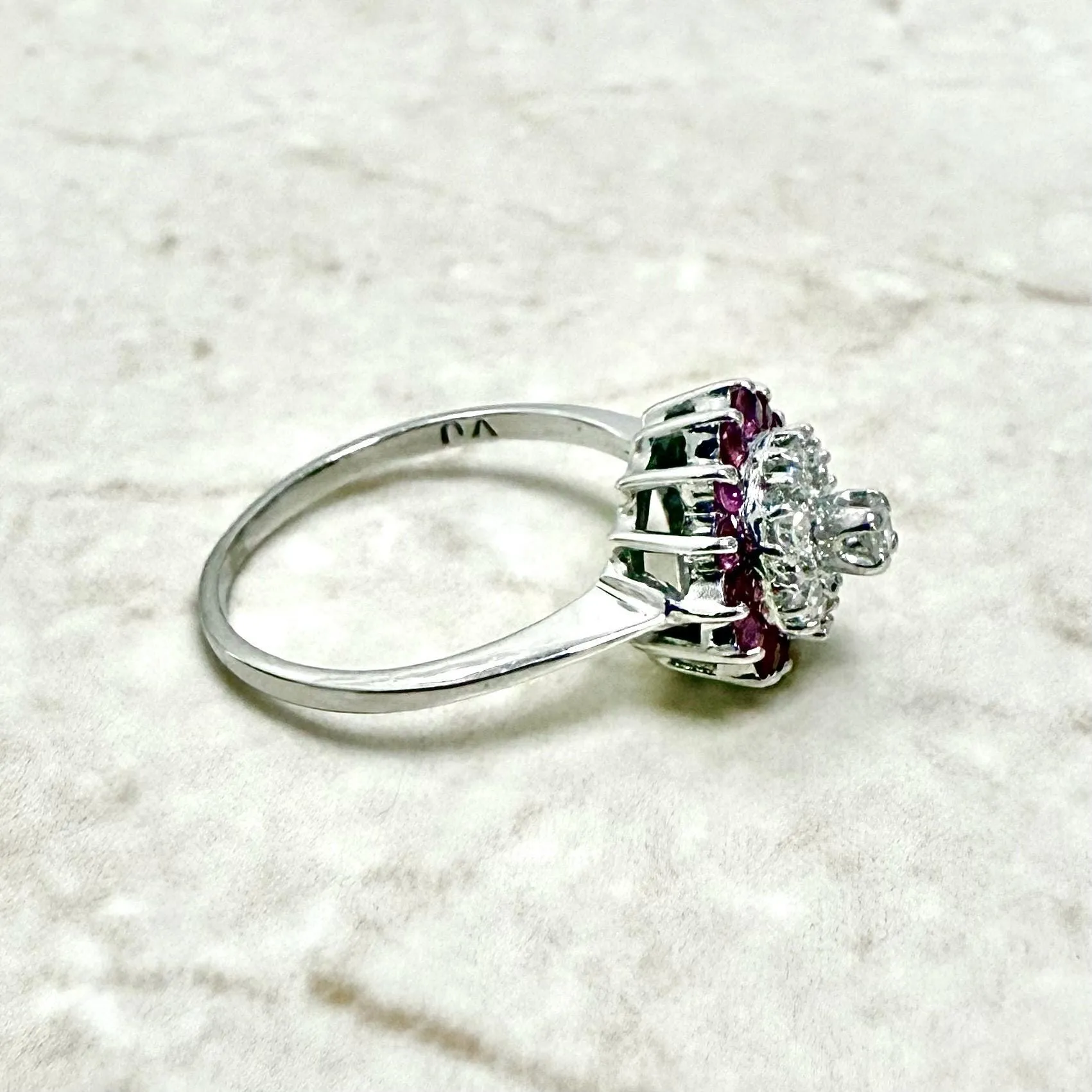 14 Karat White Gold Diamond & Ruby Halo Ring