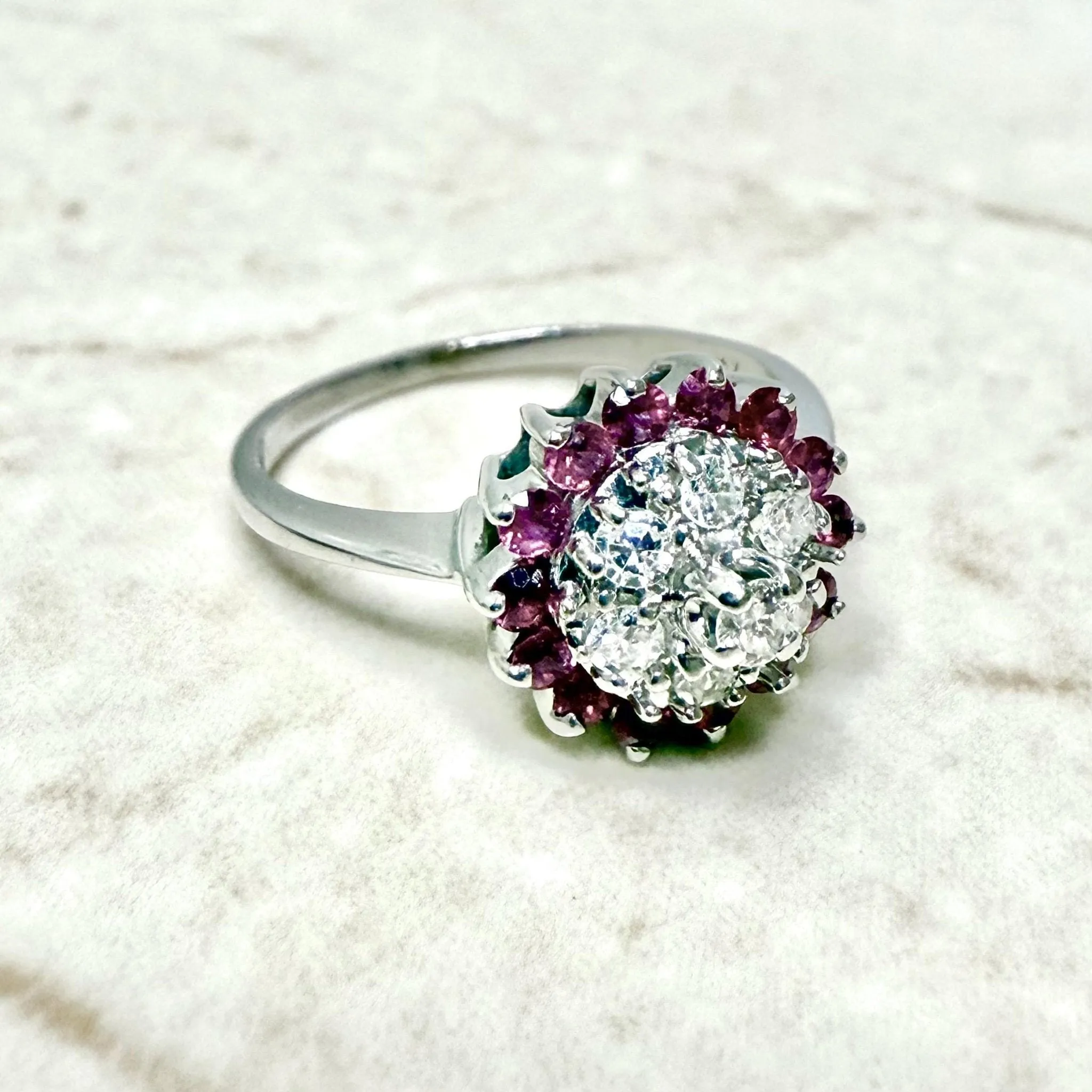 14 Karat White Gold Diamond & Ruby Halo Ring