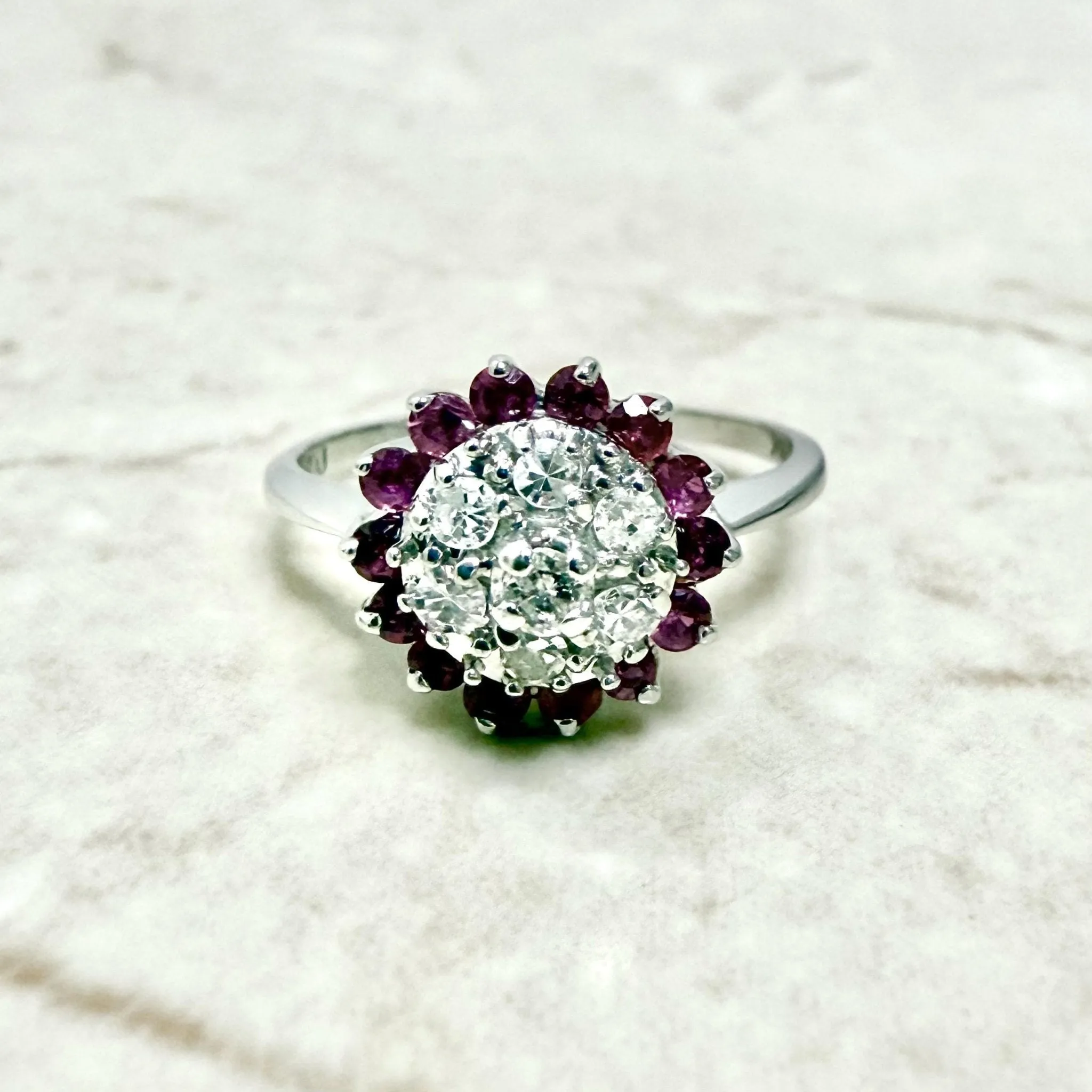14 Karat White Gold Diamond & Ruby Halo Ring