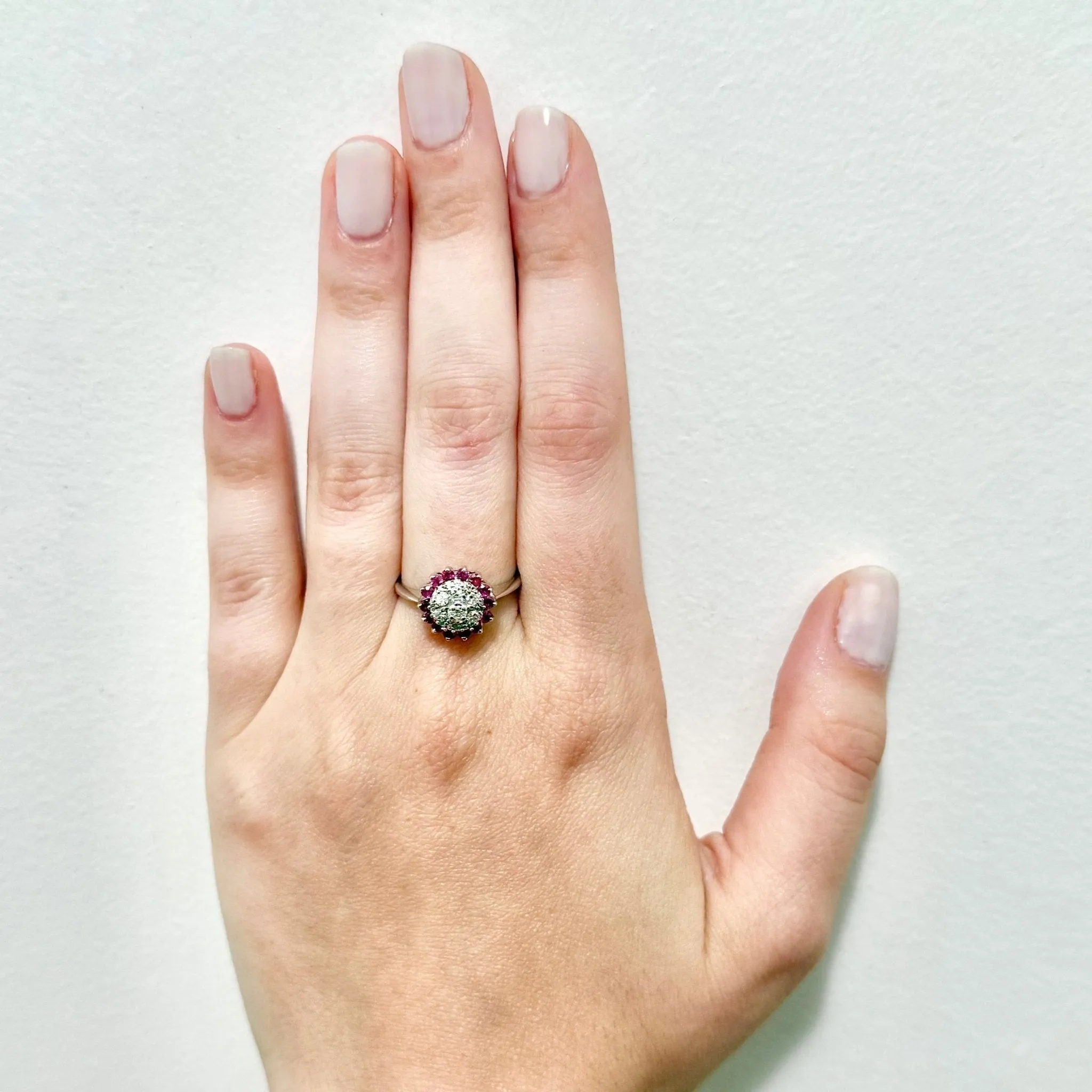 14 Karat White Gold Diamond & Ruby Halo Ring