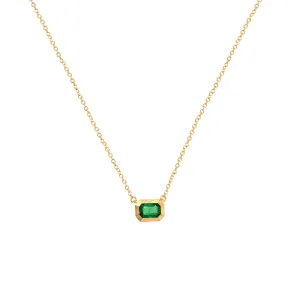 14 Karat Yellow Gold Bezel Set Emerald Necklace