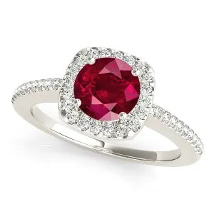 1.45 ct. Genuine Ruby Ring With Cushion Halo And Delicate Diamond Band