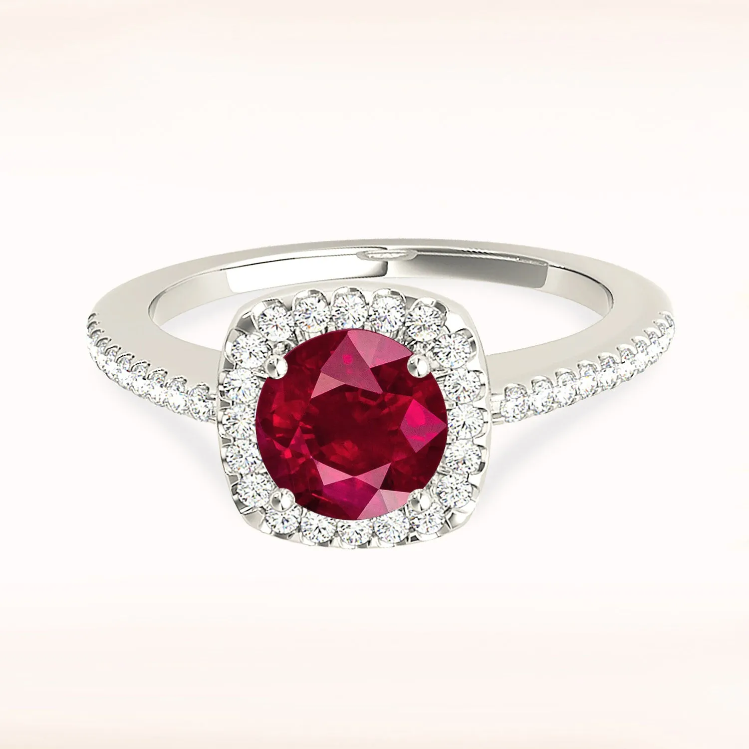 1.45 ct. Genuine Ruby Ring With Cushion Halo And Delicate Diamond Band