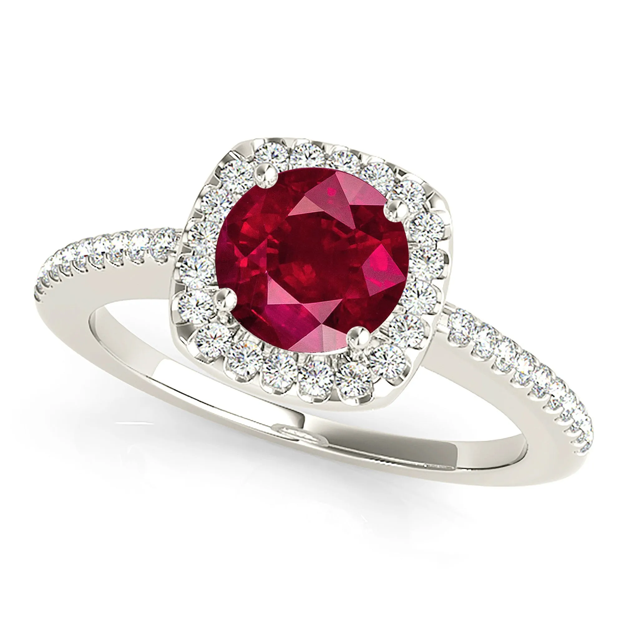 1.45 ct. Genuine Ruby Ring With Cushion Halo And Delicate Diamond Band