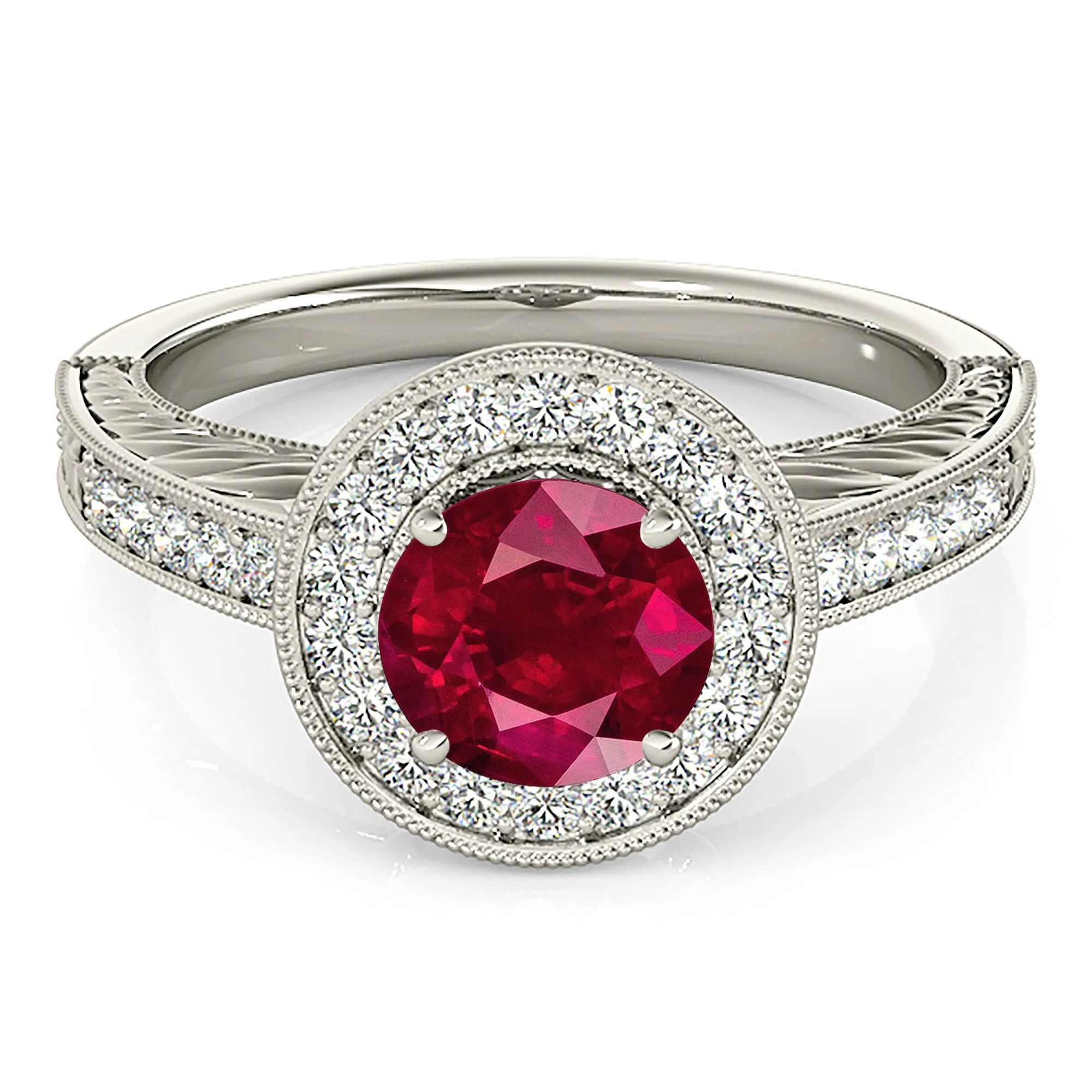 1.45 ct. Genuine Ruby Ring With Halo And Filigree Diamond Band
