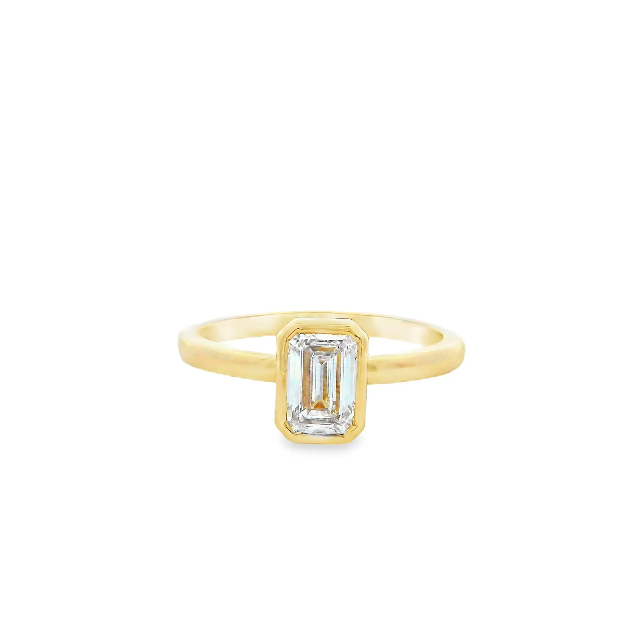 14ct Yellow Gold Bezel Set 1.01ct Emerald Cut Lab Grown Diamond on a Solitaire Ring