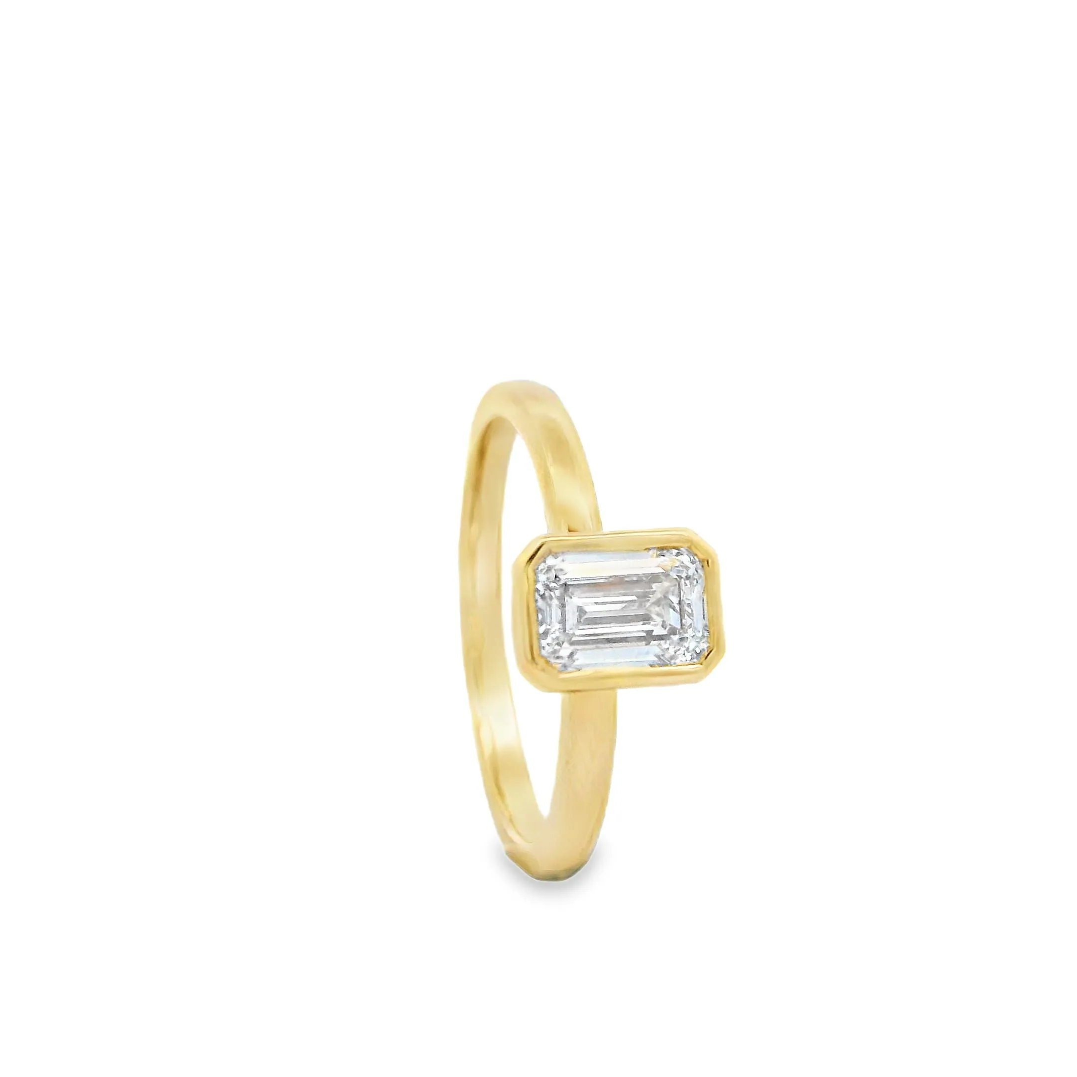 14ct Yellow Gold Bezel Set 1.01ct Emerald Cut Lab Grown Diamond on a Solitaire Ring
