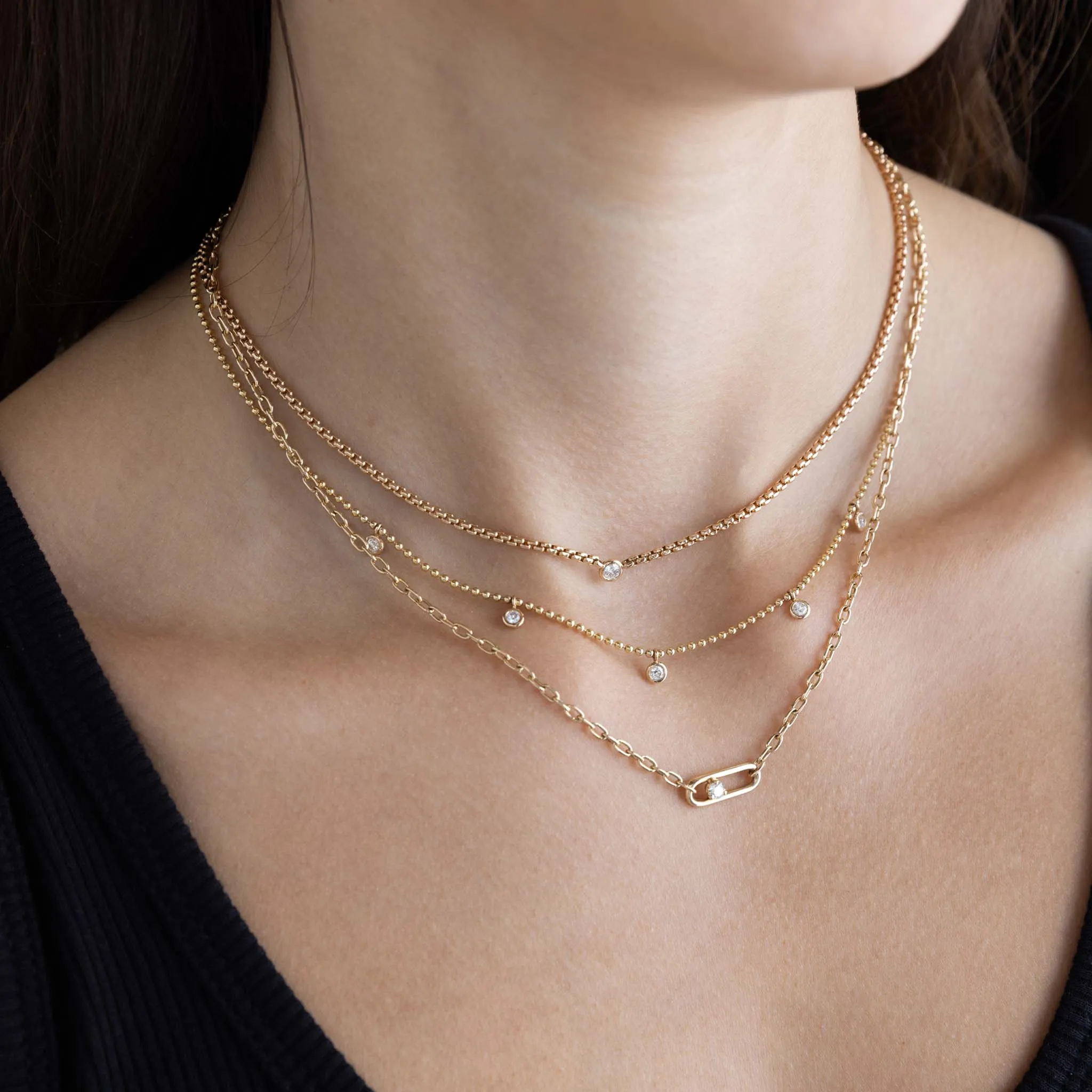 14k 5 Dangling Floating Diamond Station Bead Chain Necklace