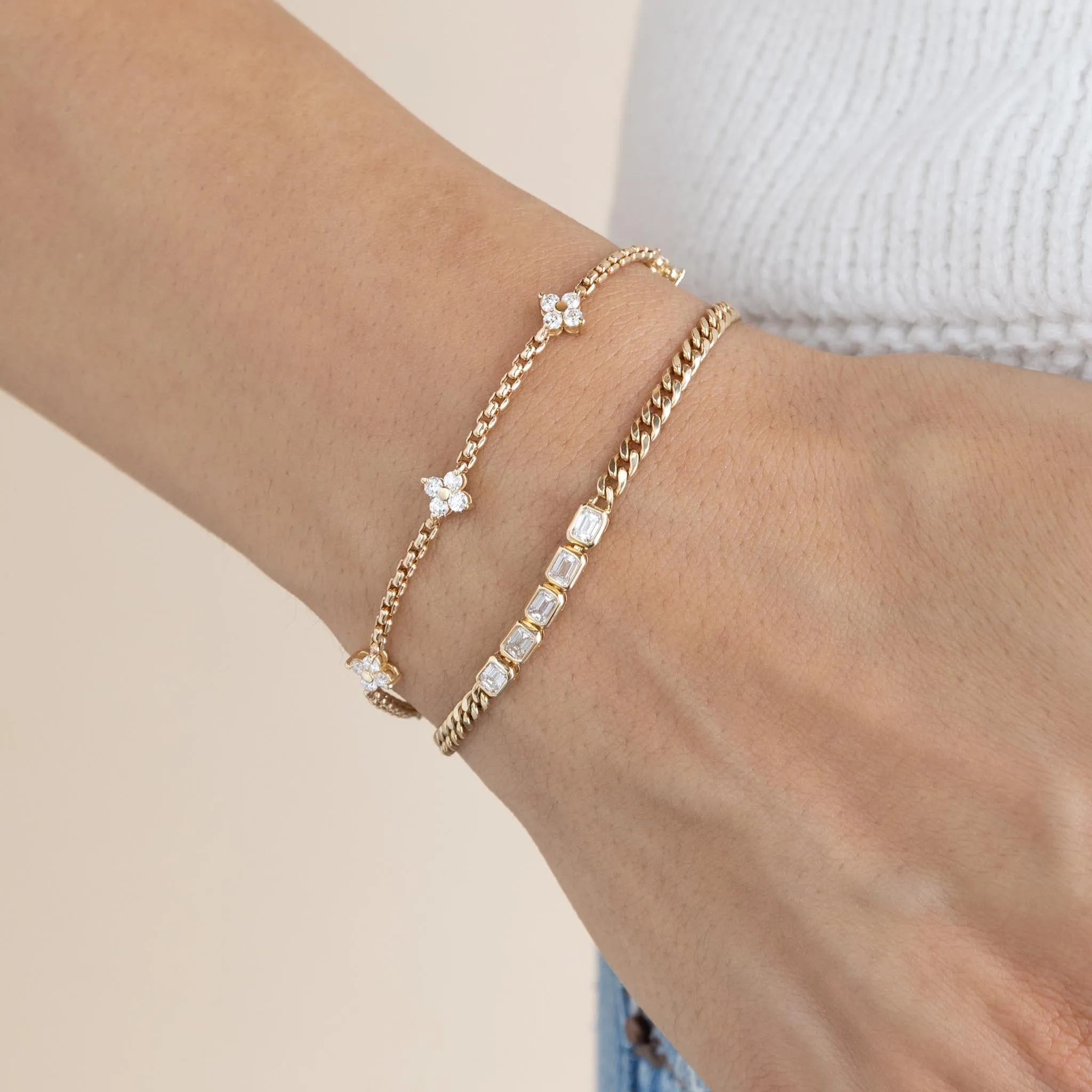 14k 5 Emerald Cut Diamond Segment Curb Chain Bracelet